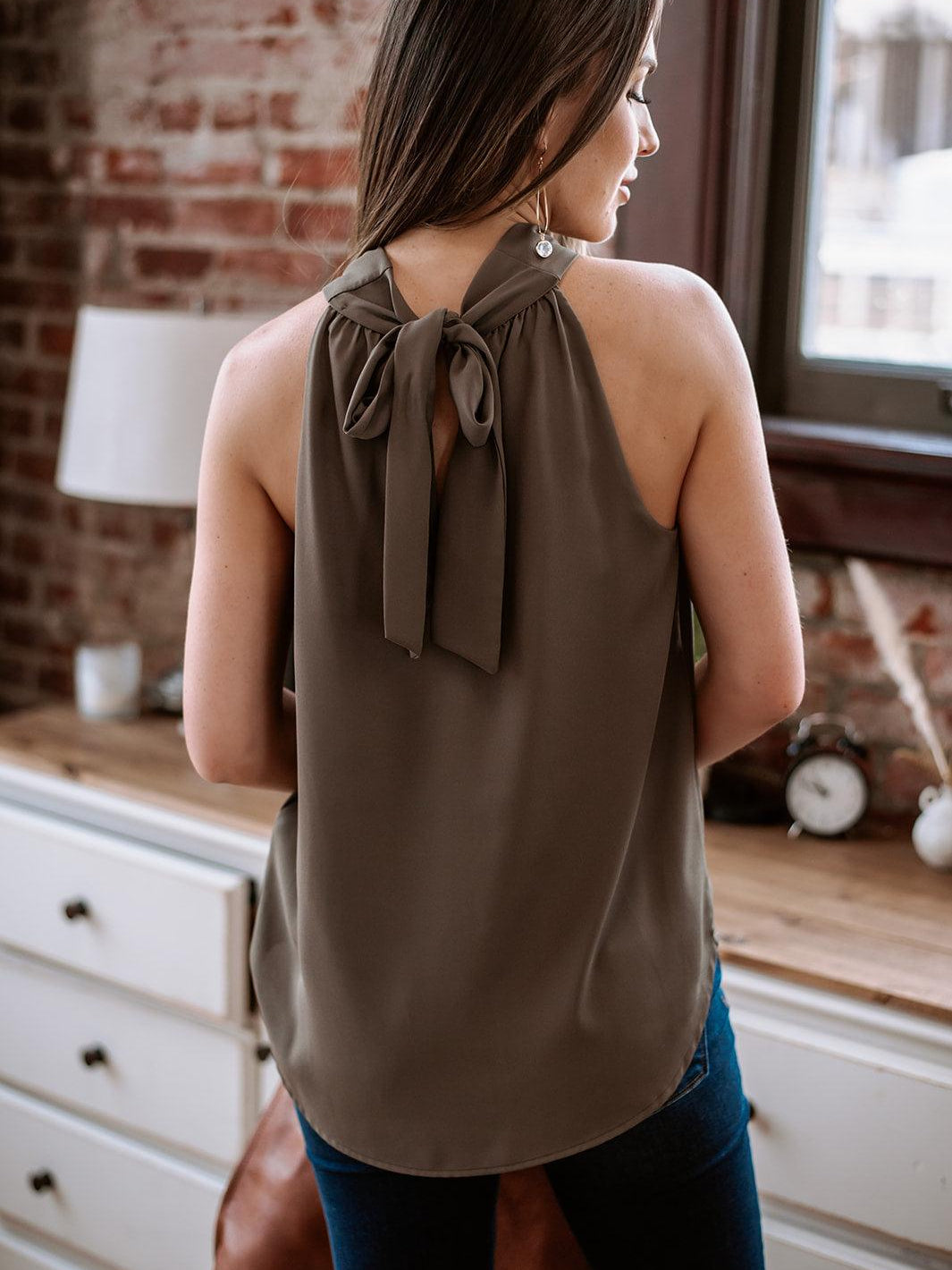 Olive Green Twist Halter Blouse-FINAL SALE