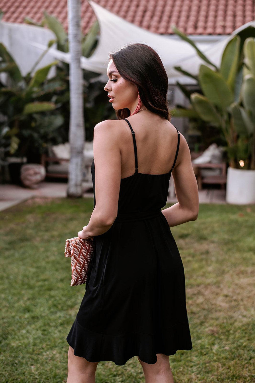 Black Stretch Ruffle Wrap Dress