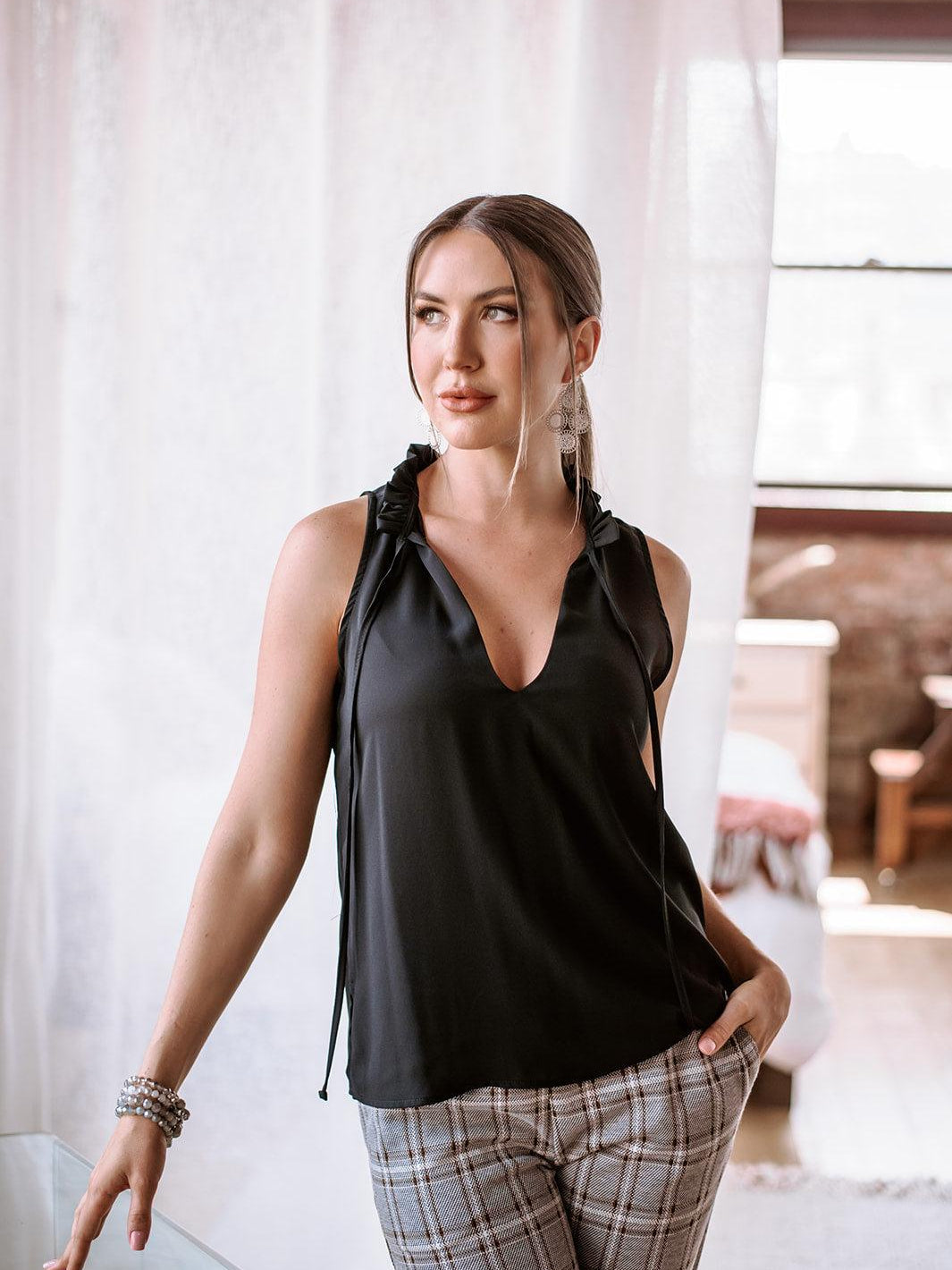 Black Pleated Neck Sleeveless Blouse-BEST SELLER