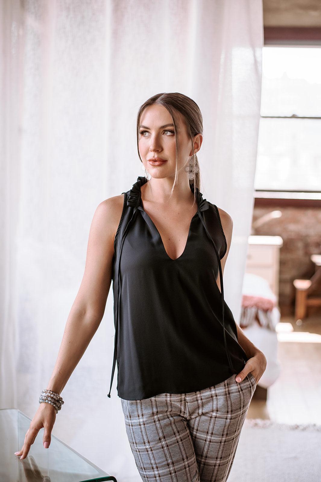 Onyx Pleated Neck Sleeveless Blouse
