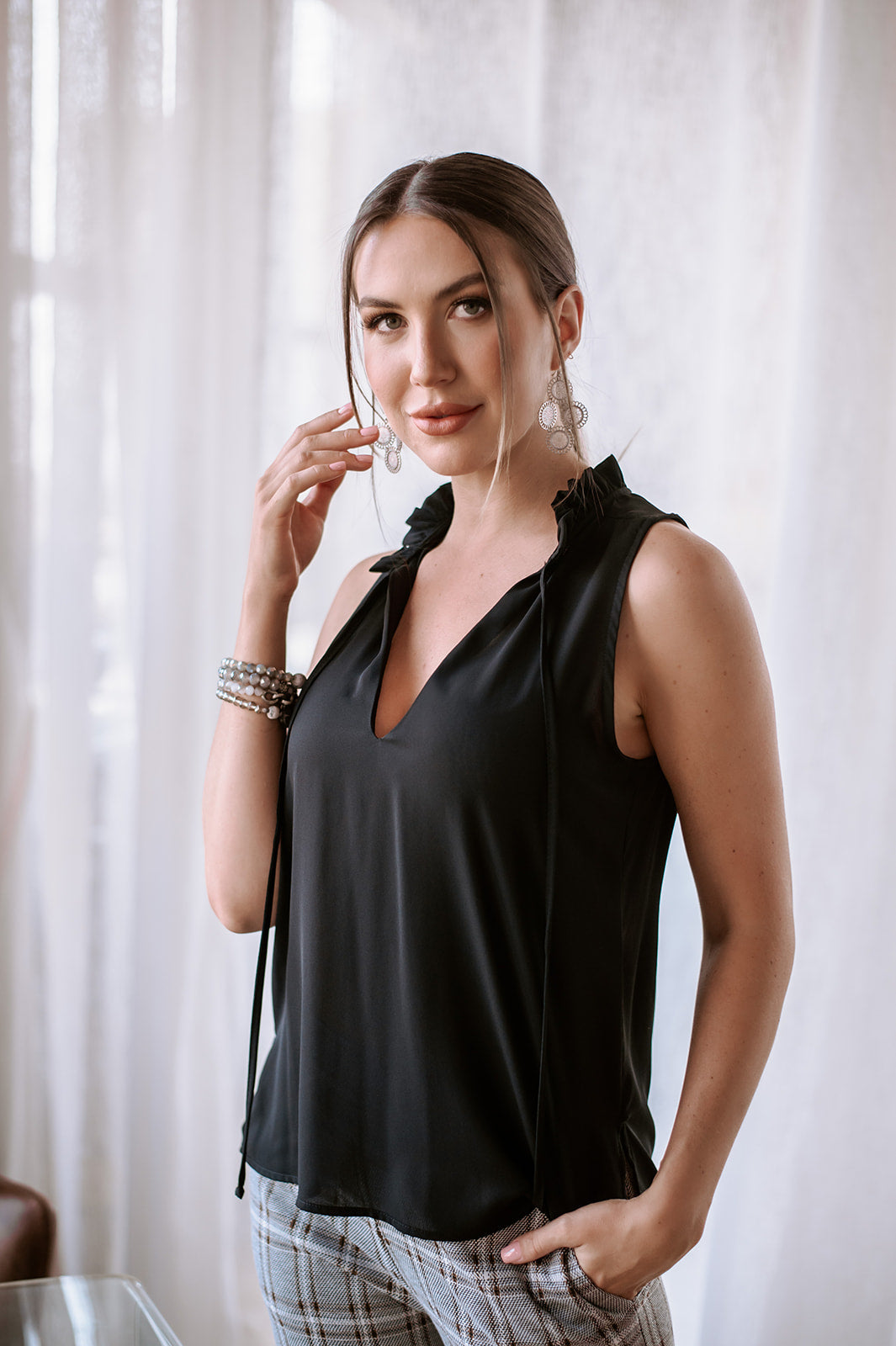 Black Pleated Neck Sleeveless Blouse-BEST SELLER