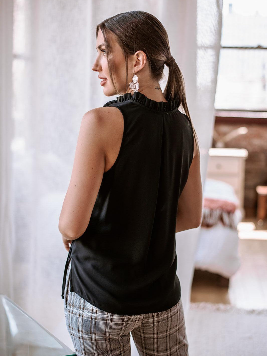 Black Pleated Neck Sleeveless Blouse-BEST SELLER