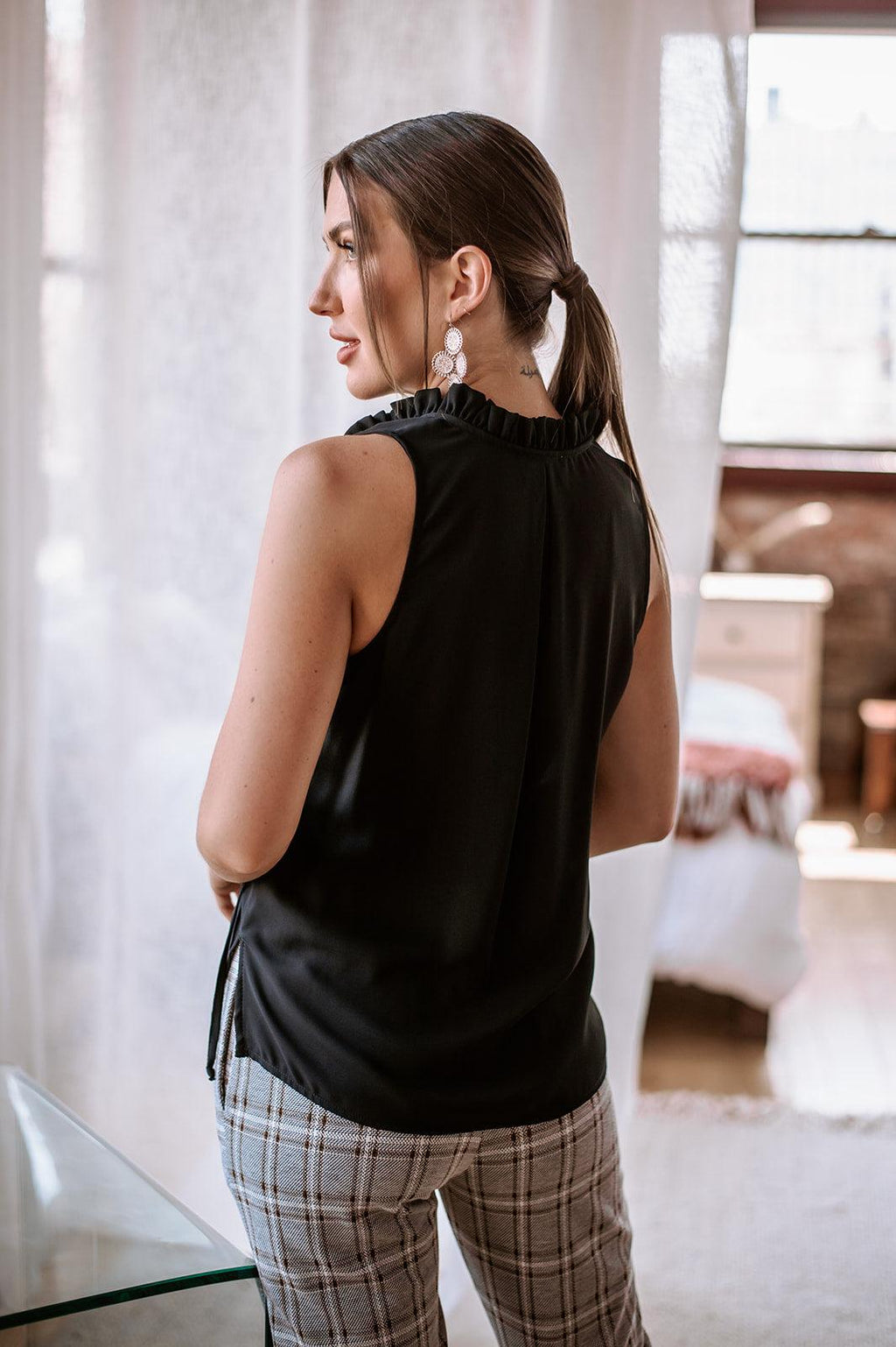 Onyx Pleated Neck Sleeveless Blouse