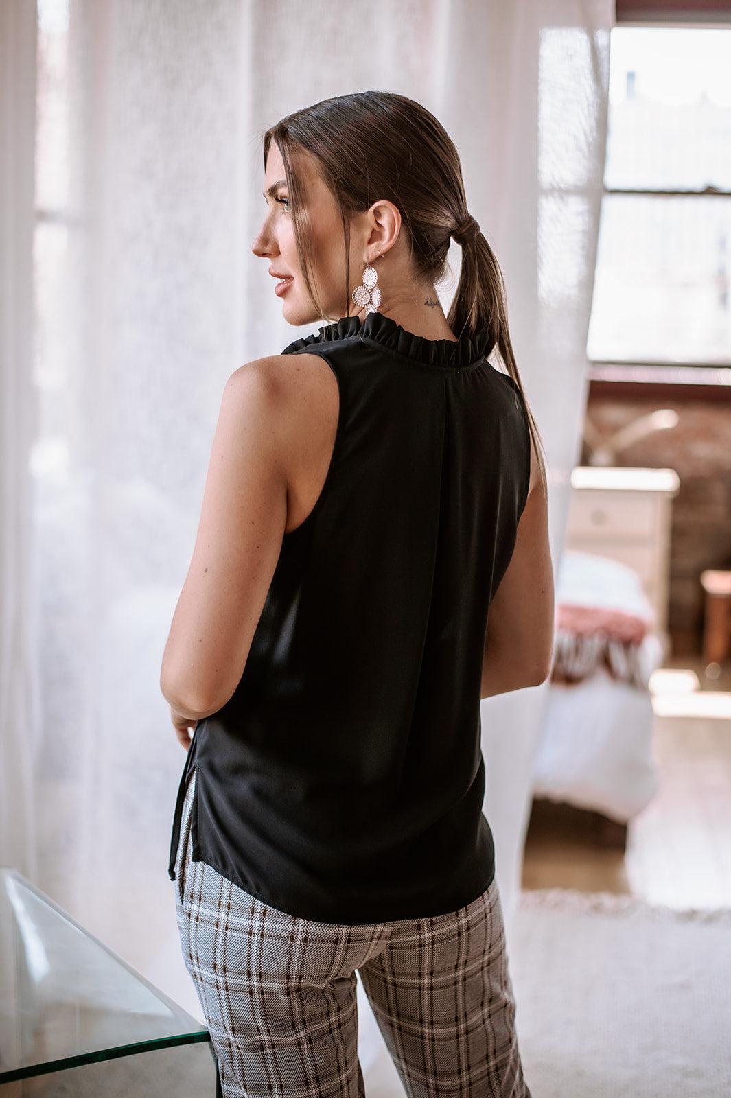 Onyx Pleated Neck Sleeveless Blouse