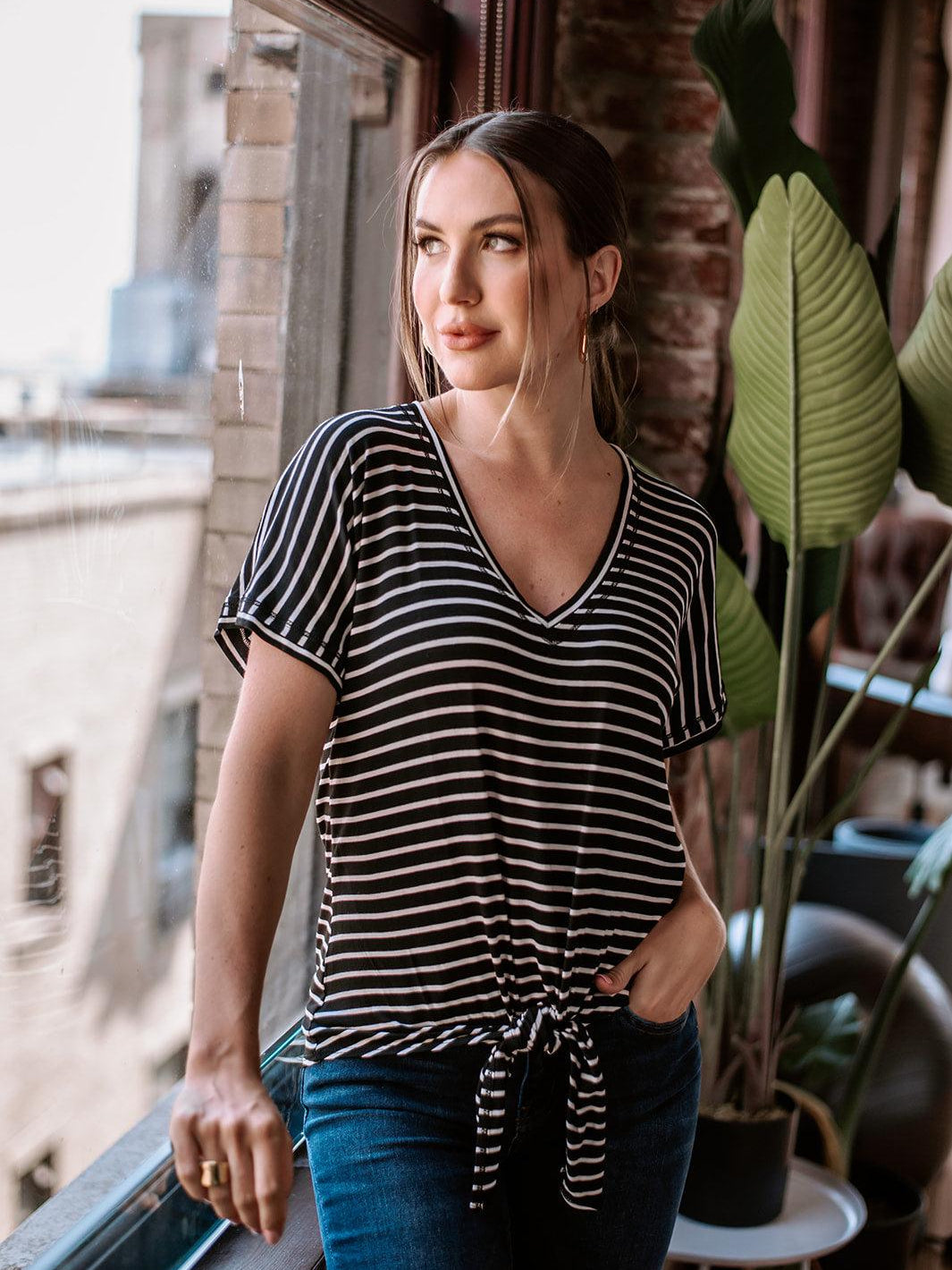 Black and White Stripe Tee with Front Tie-FINAL SALE