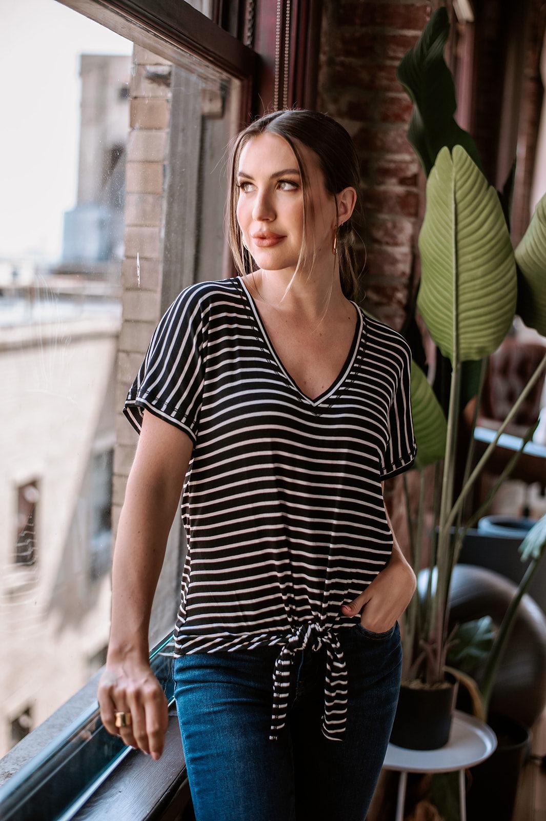 Black and White Stripe Tee with Front Tie-FINAL SALE