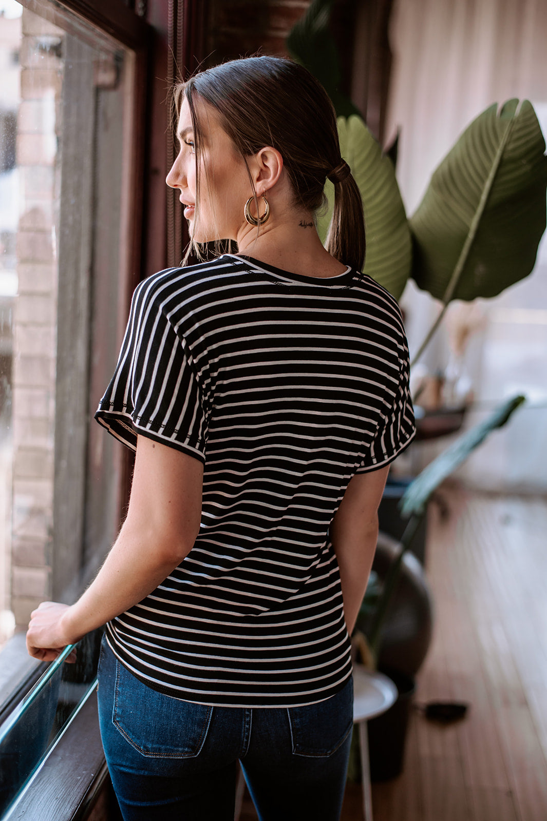 Black and White Stripe Tee with Front Tie-FINAL SALE