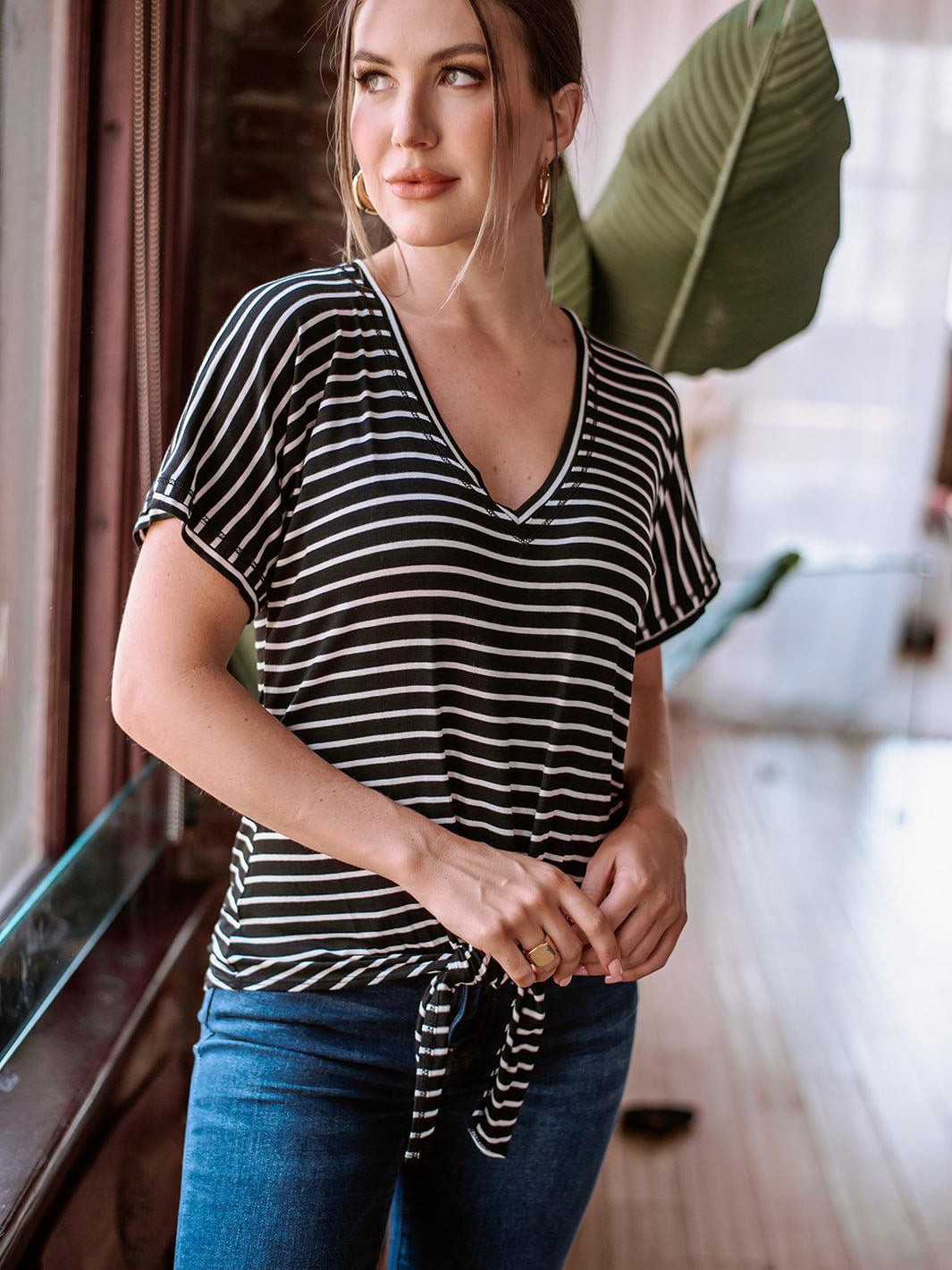 Black and White Stripe Tee with Front Tie-FINAL SALE