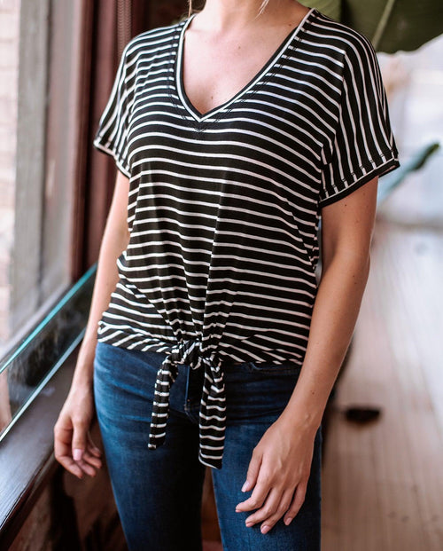 Black and White Stripe Tee with Front Tie-FINAL SALE