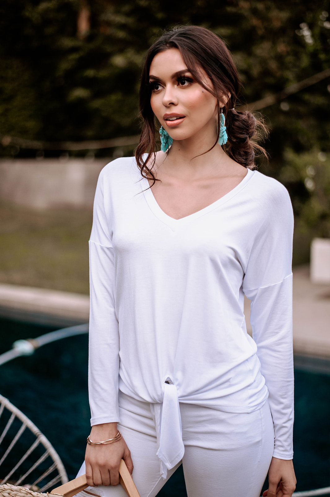 Long Sleeve Top with Tie - White - FINAL SALE