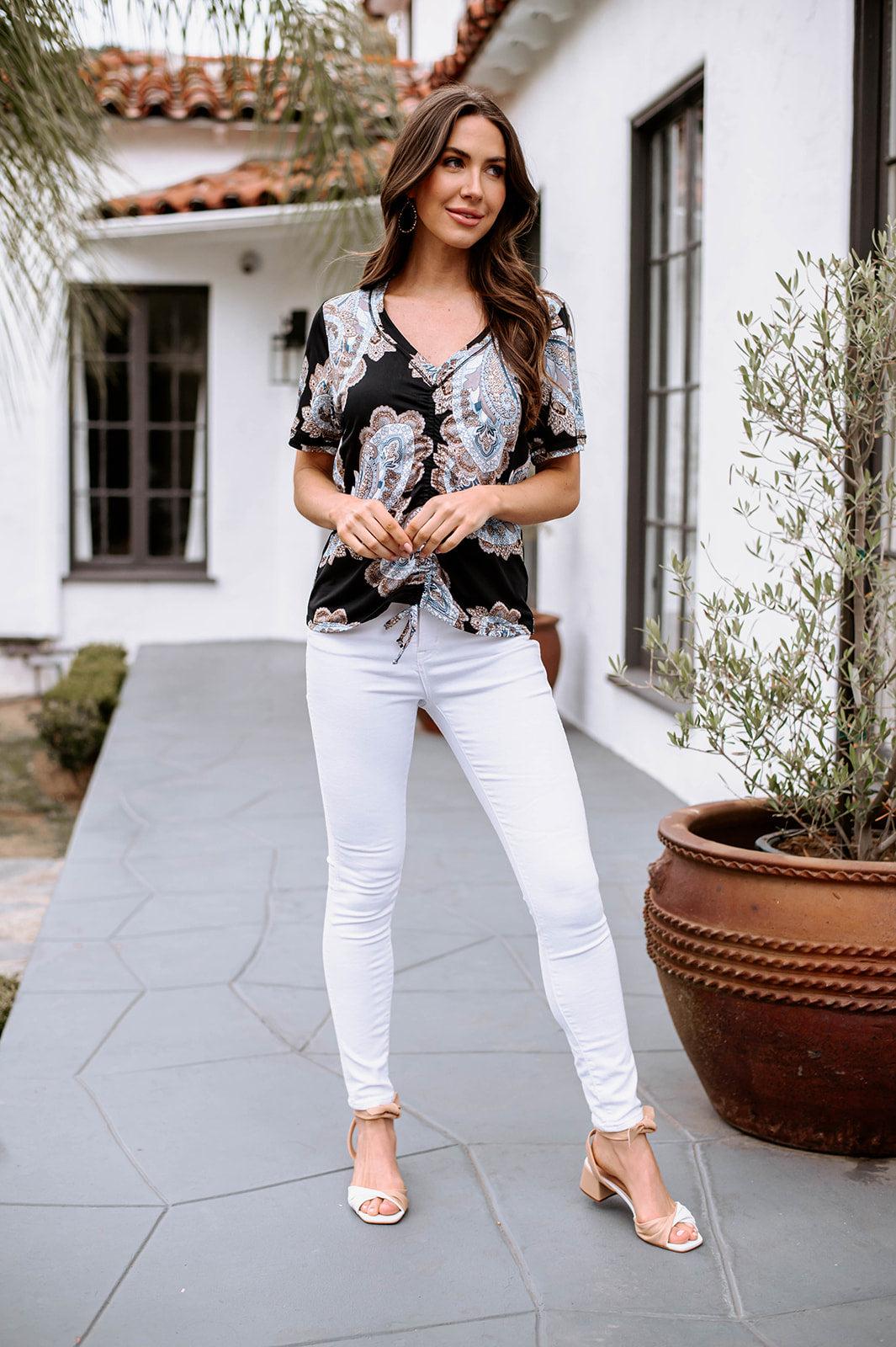 Patty Paisley V-Neck Shirred Stretch Top-FINAL SALE