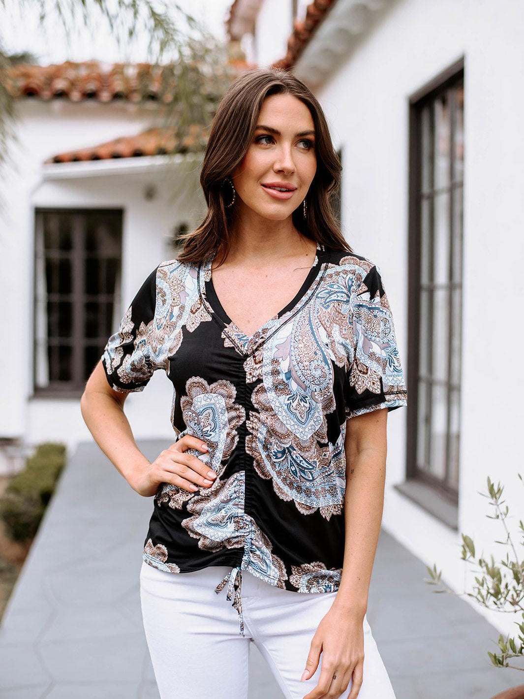 Patty Paisley V-Neck Shirred Stretch Top-FINAL SALE
