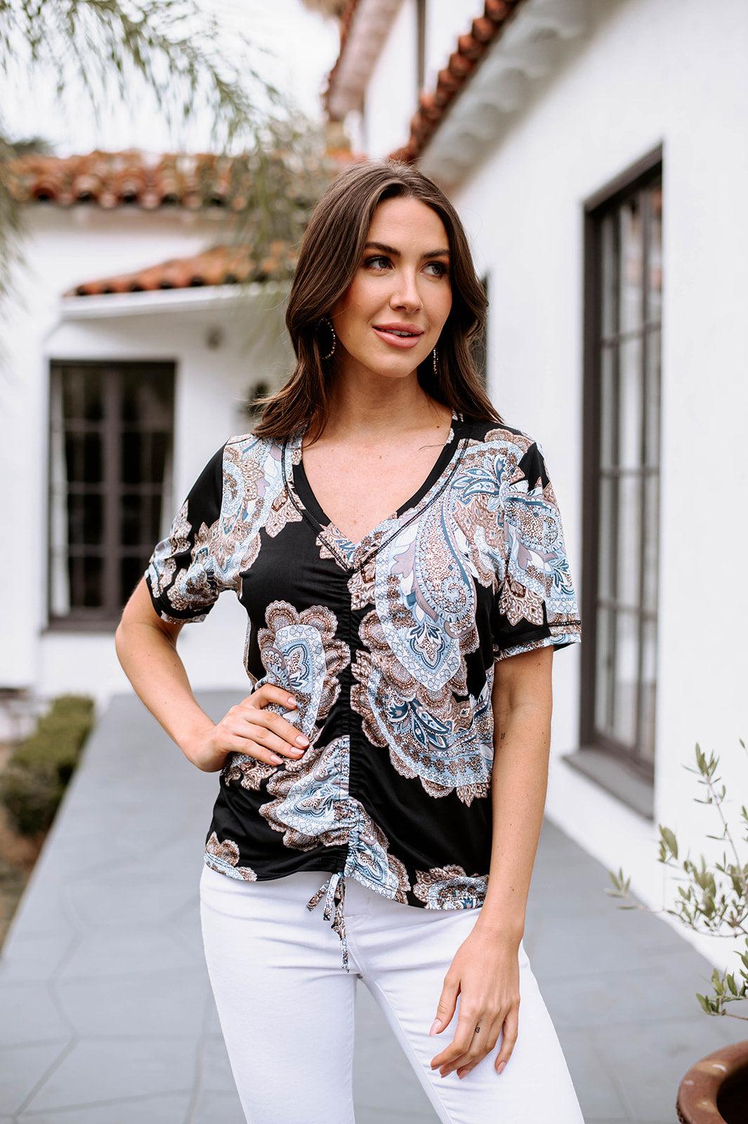 Patty Paisley V-Neck Shirred Stretch Top-FINAL SALE