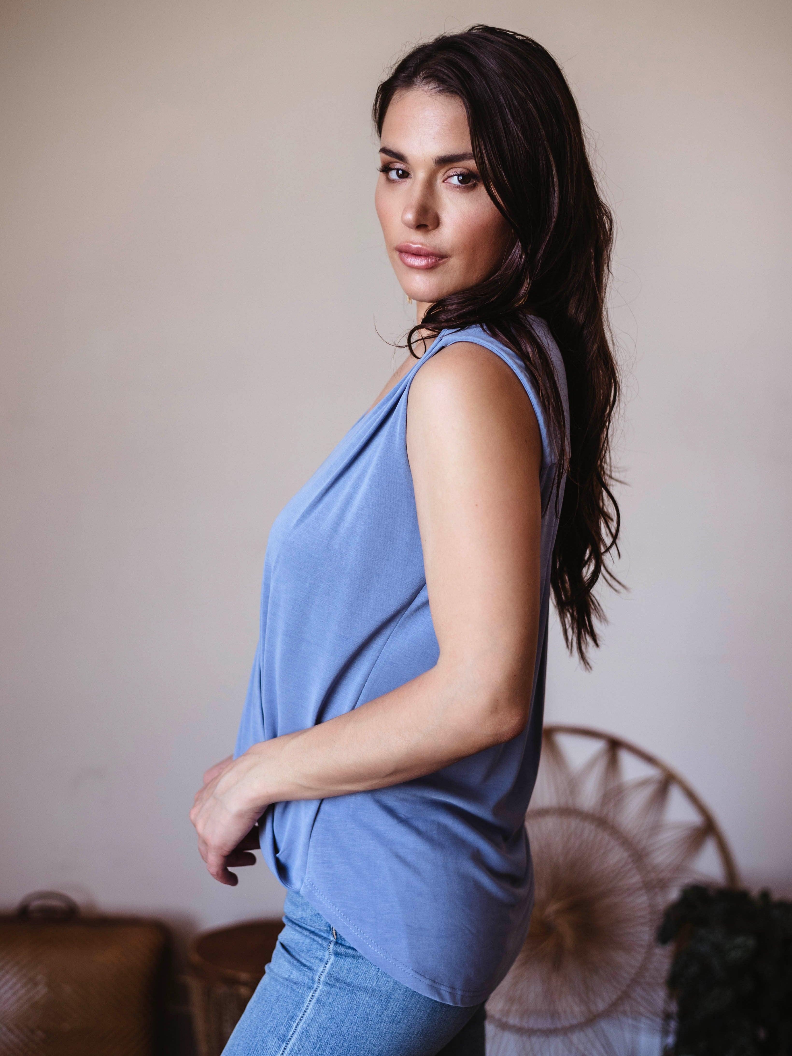 The Everyday Cupro Surplice Tank - Denim Blue