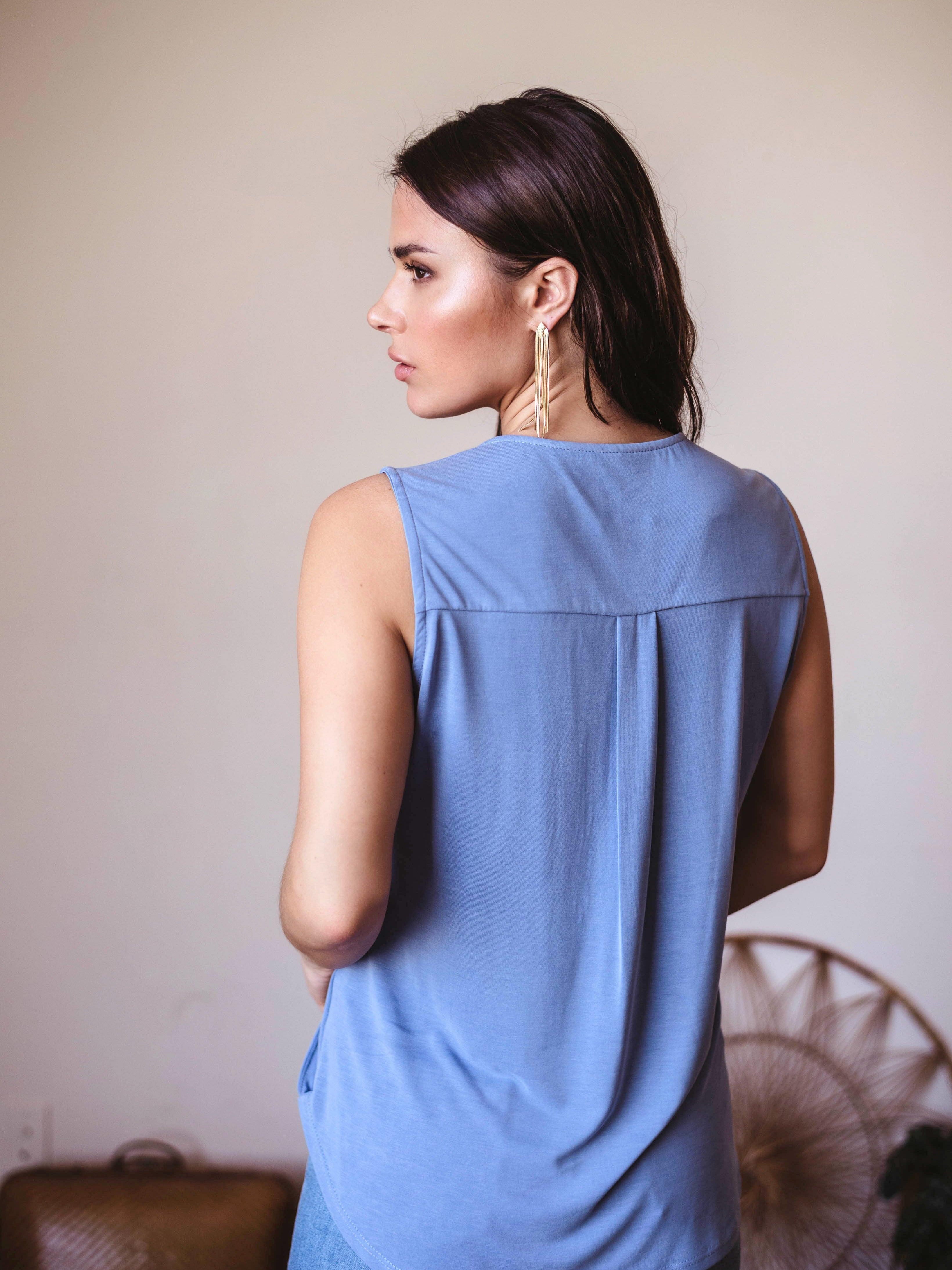 The Everyday Cupro Surplice Tank - Denim Blue
