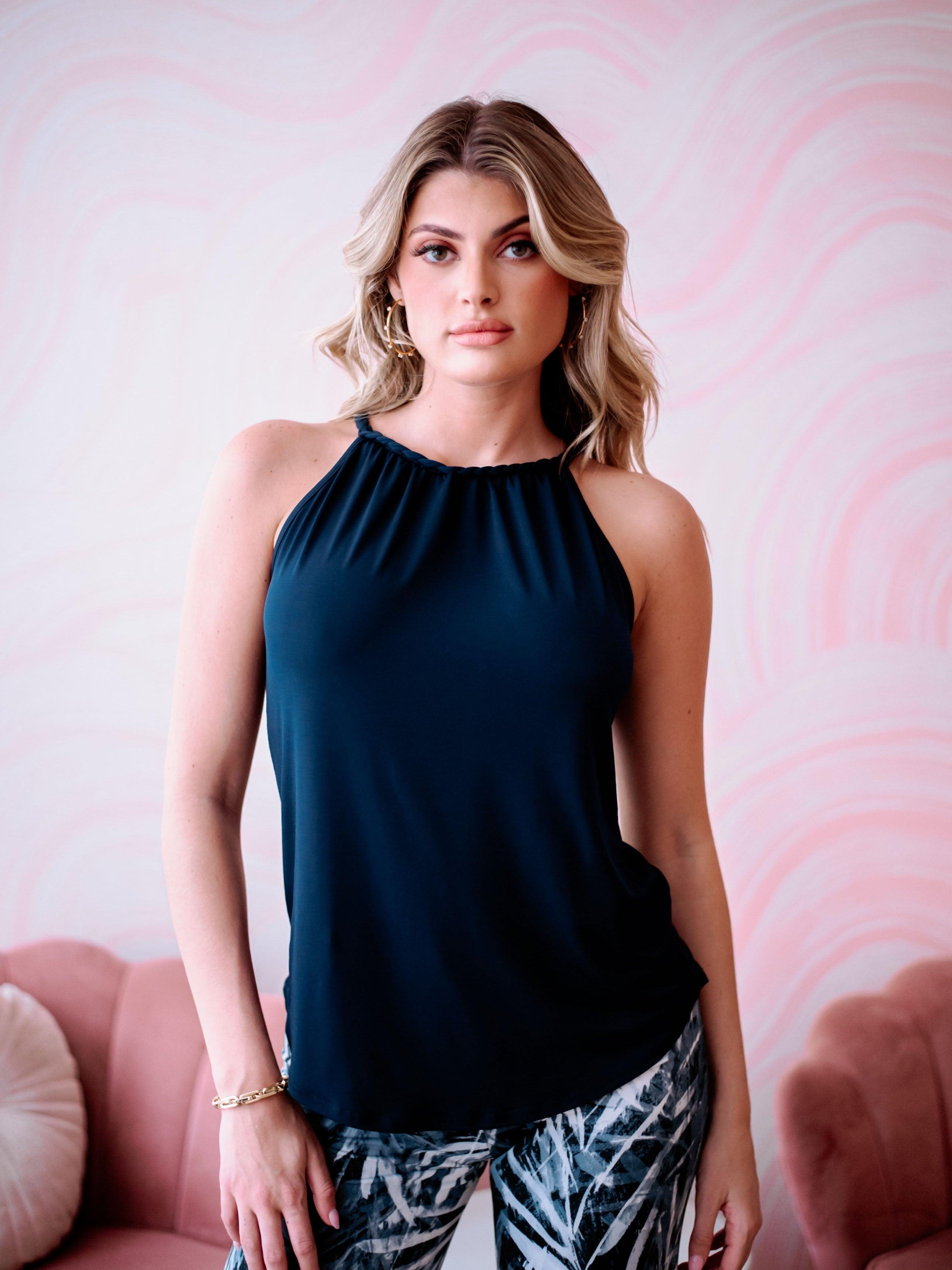 Navy Braided Halter Stretch Tank-BEST SELLER