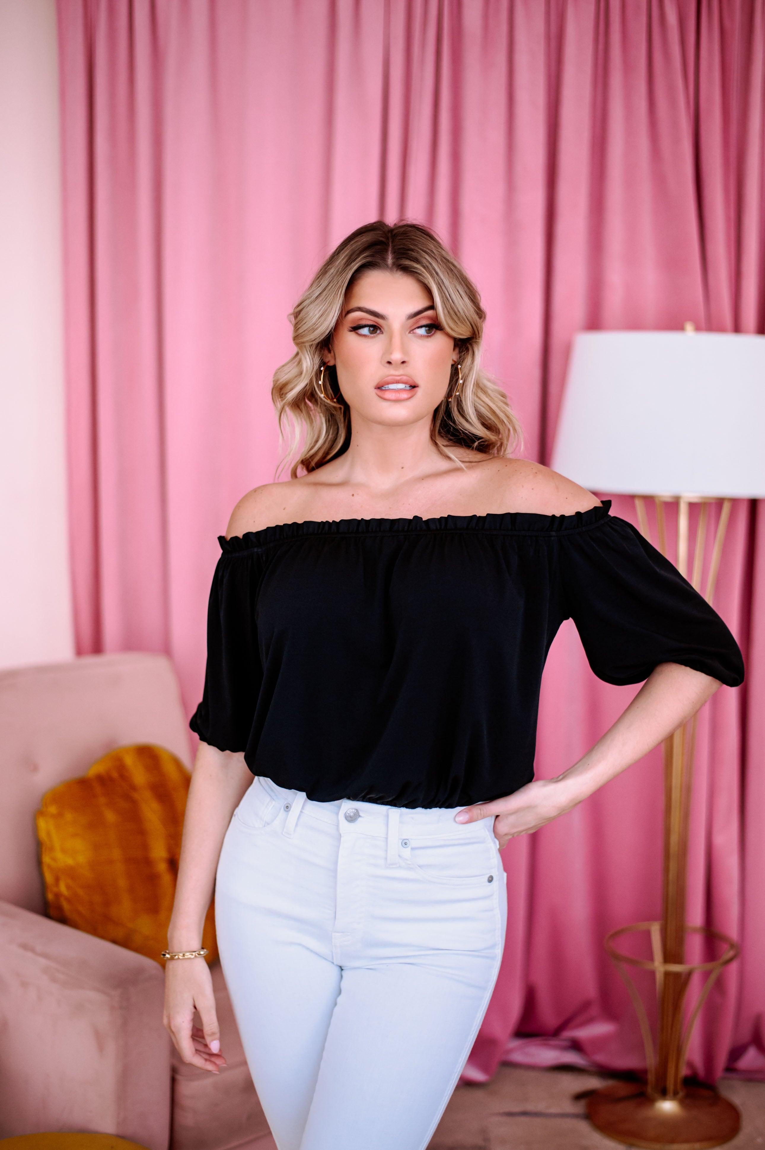 Black Off the Shoulder Mom Cropped Top