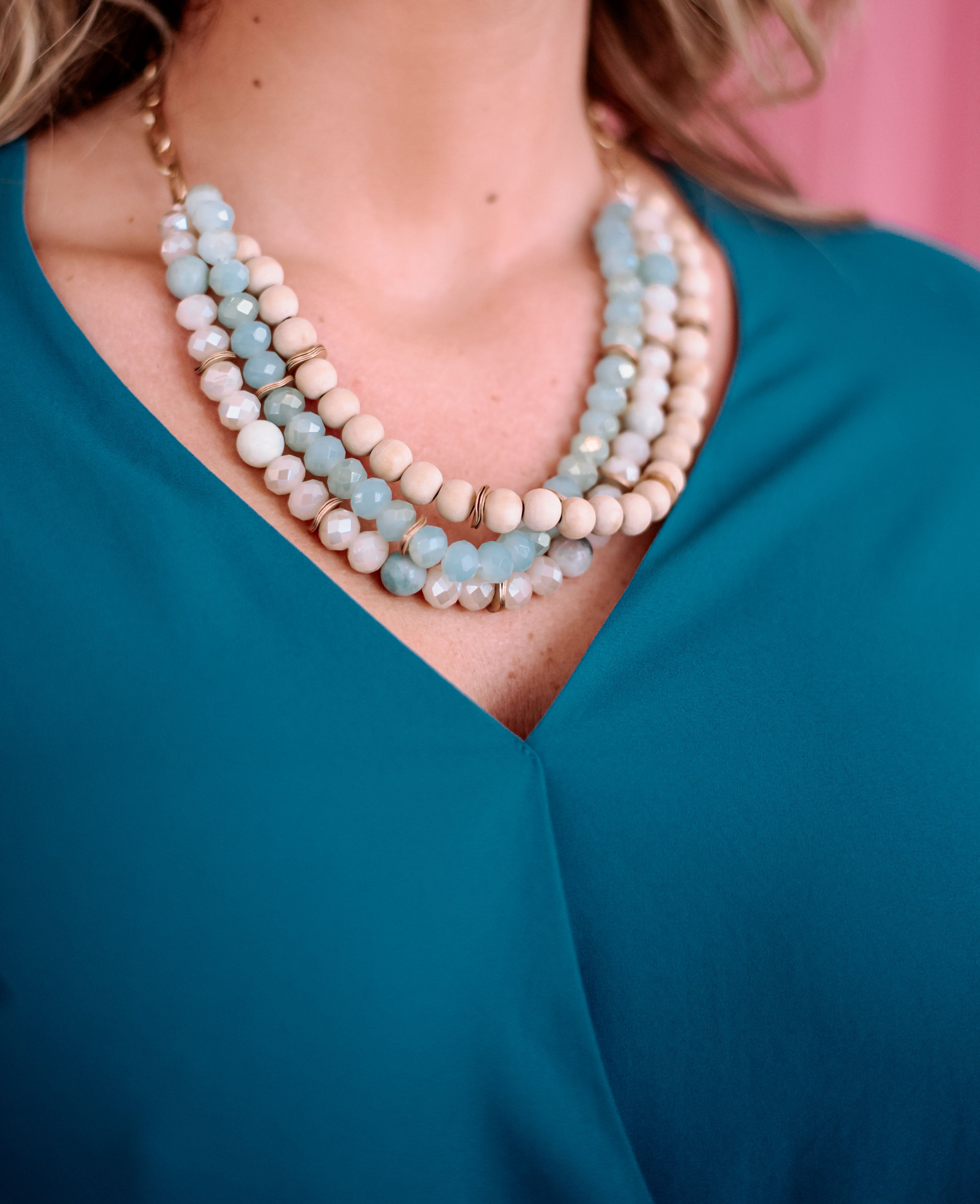 Turquoise and Tan 3-Layer Beaded Necklace-FINAL SALE