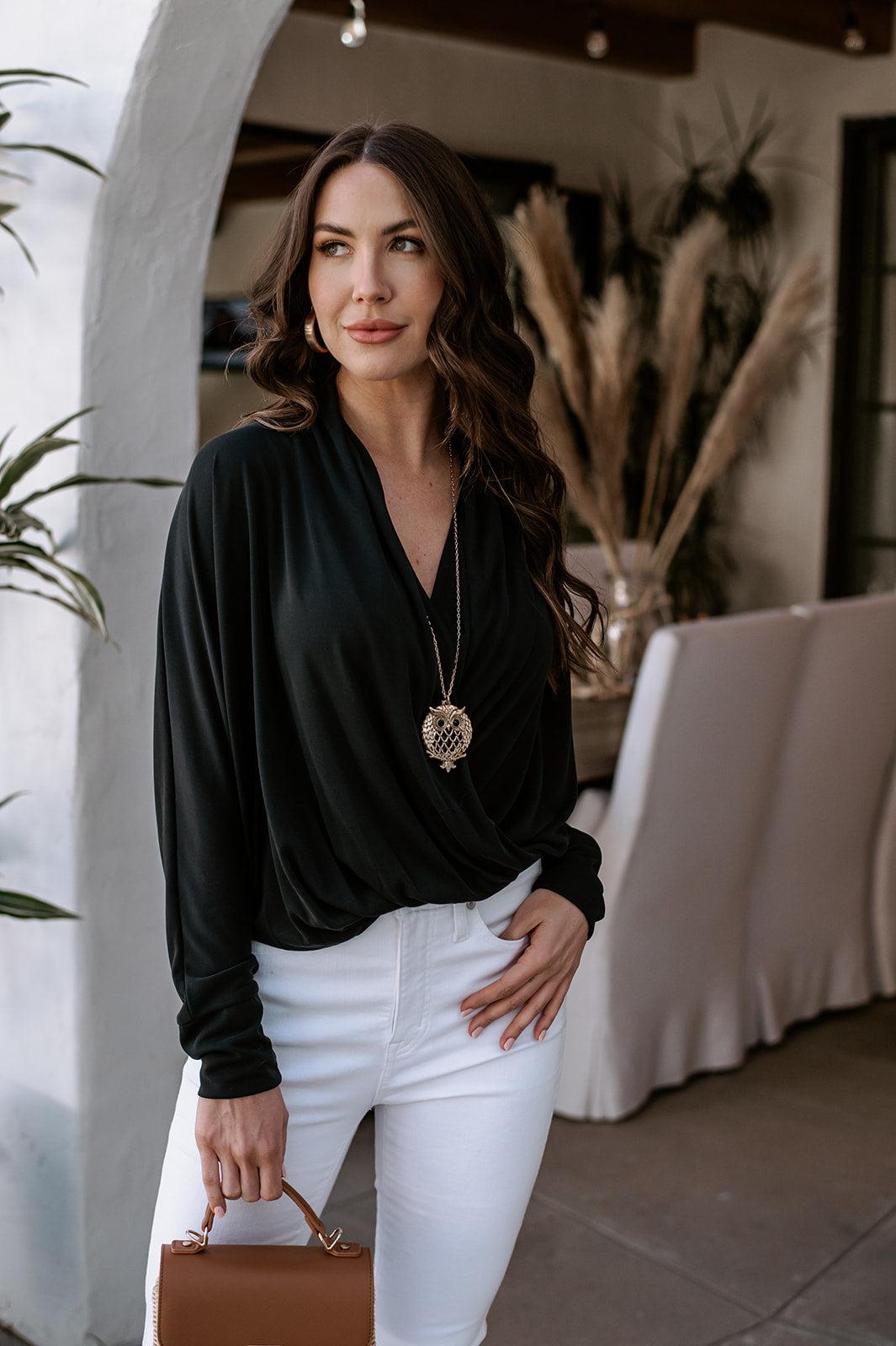 Black Cupro Draped Surplice Top-BEST SELLER