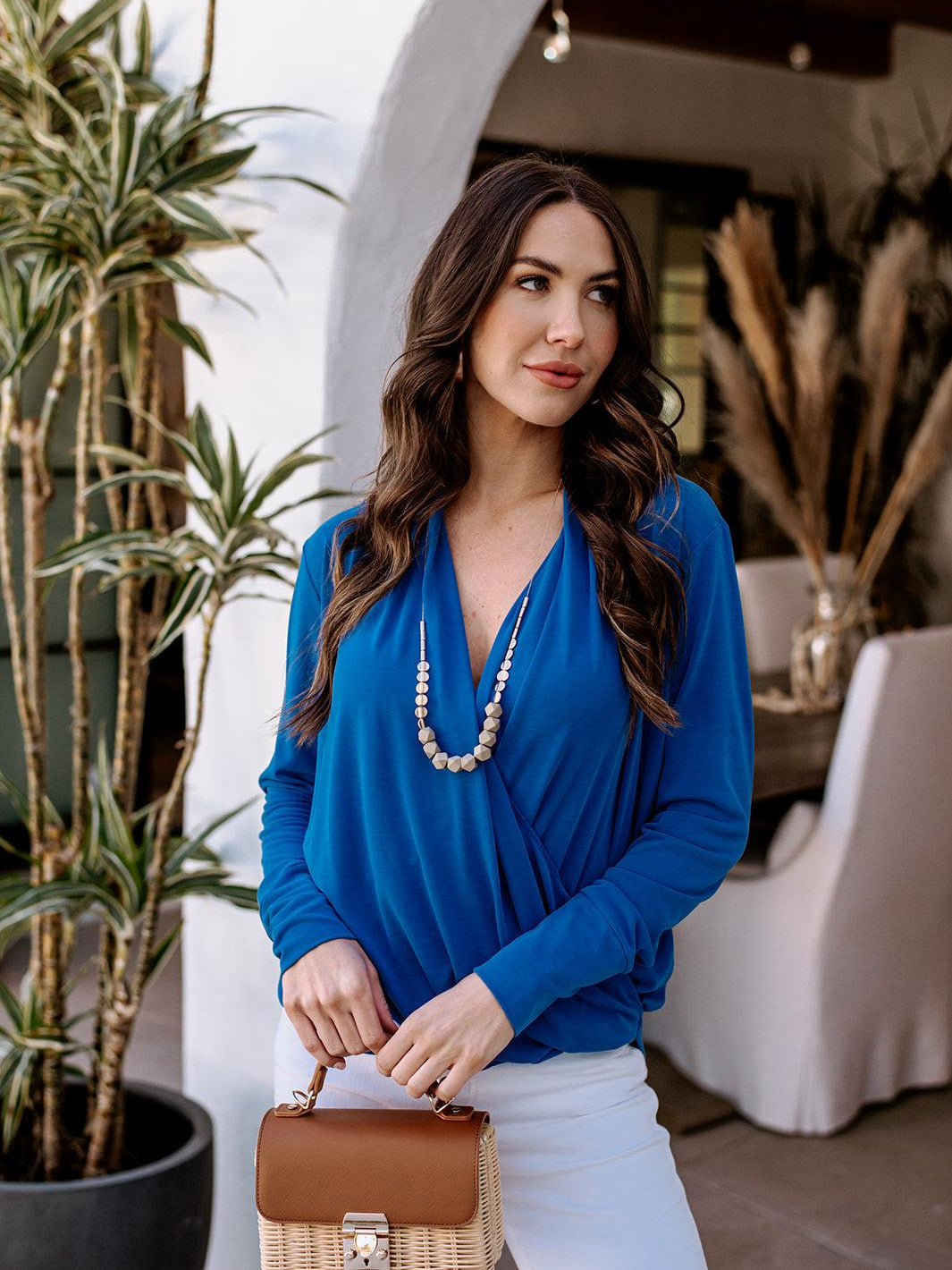 Royal Blue Cupro Draped Surplice Top-FINAL SALE