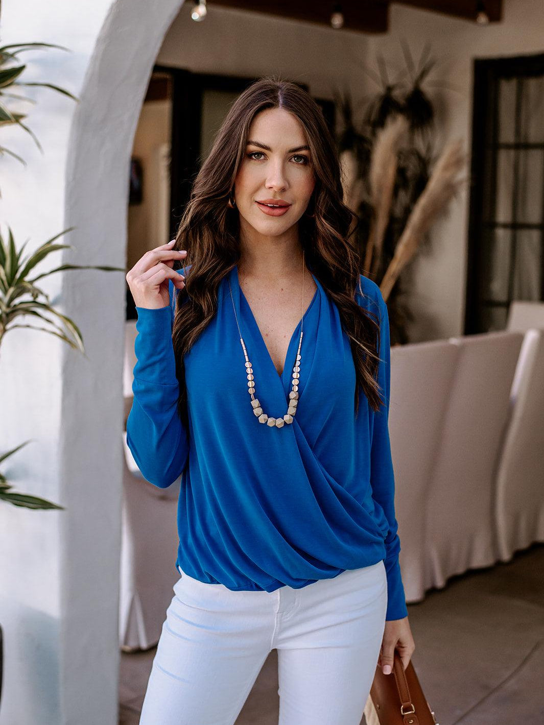 Royal Blue Cupro Draped Surplice Top-FINAL SALE