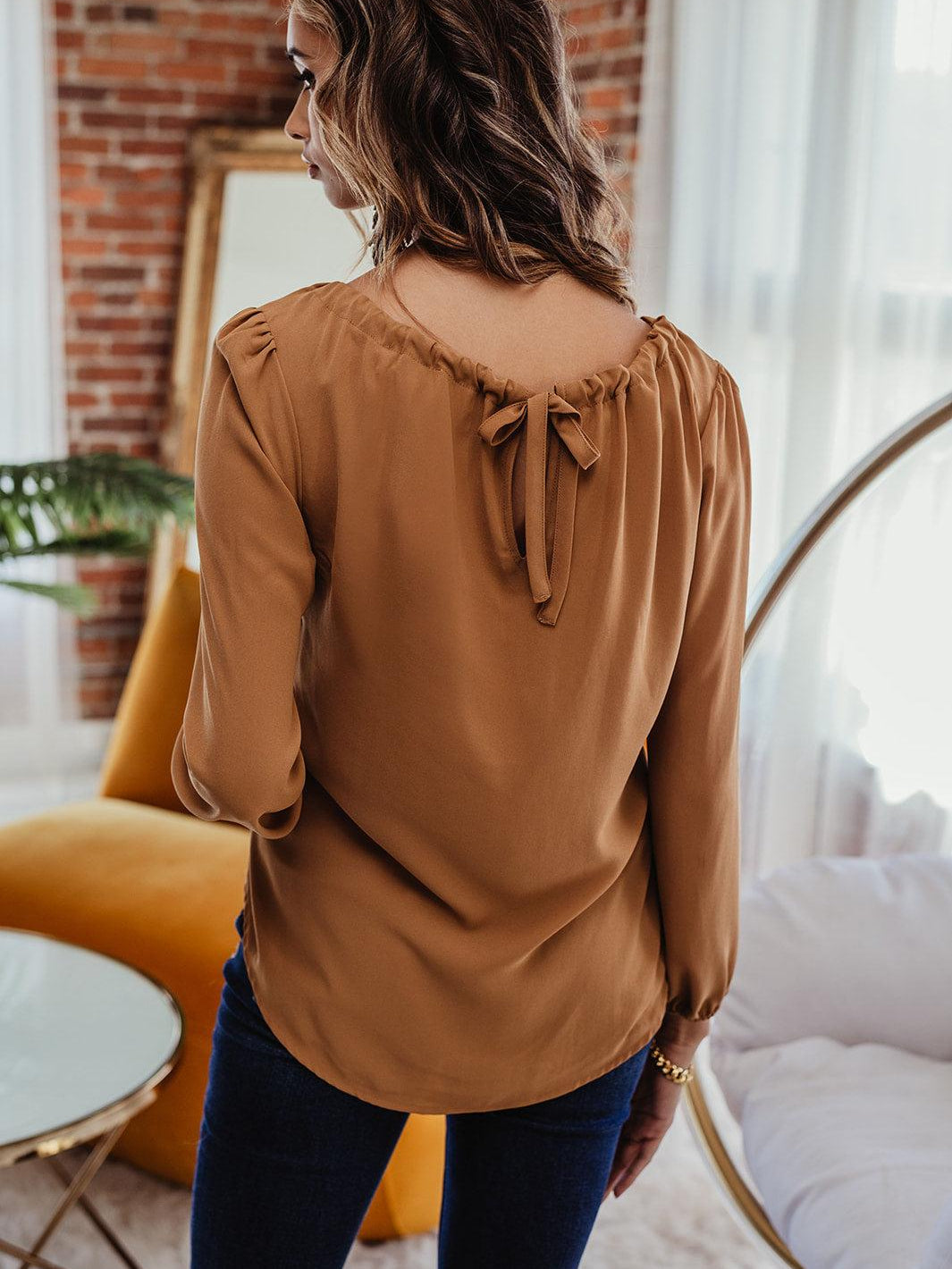Spiced Chai Keyhole Tie Blouse- FINAL SALE