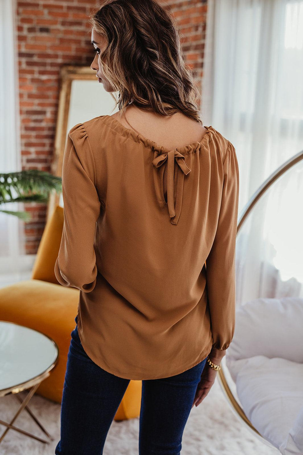 Spiced Chai Keyhole Tie Blouse- FINAL SALE