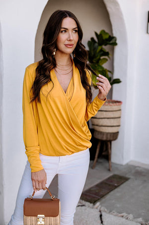 Mustard Cupro Draped Surplice Top-FINAL SALE