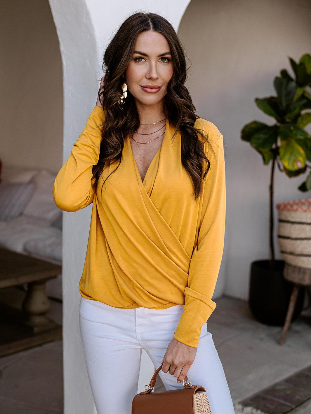 Mustard Cupro Draped Surplice Top-FINAL SALE