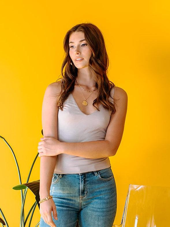 Jersey Double Lined V-Neck Cropped Tank-FINAL SALE - Khaki