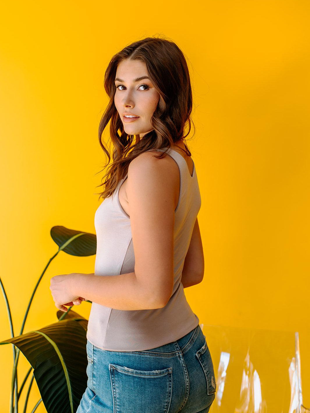 Jersey Double Lined V-Neck Cropped Tank-FINAL SALE - Khaki