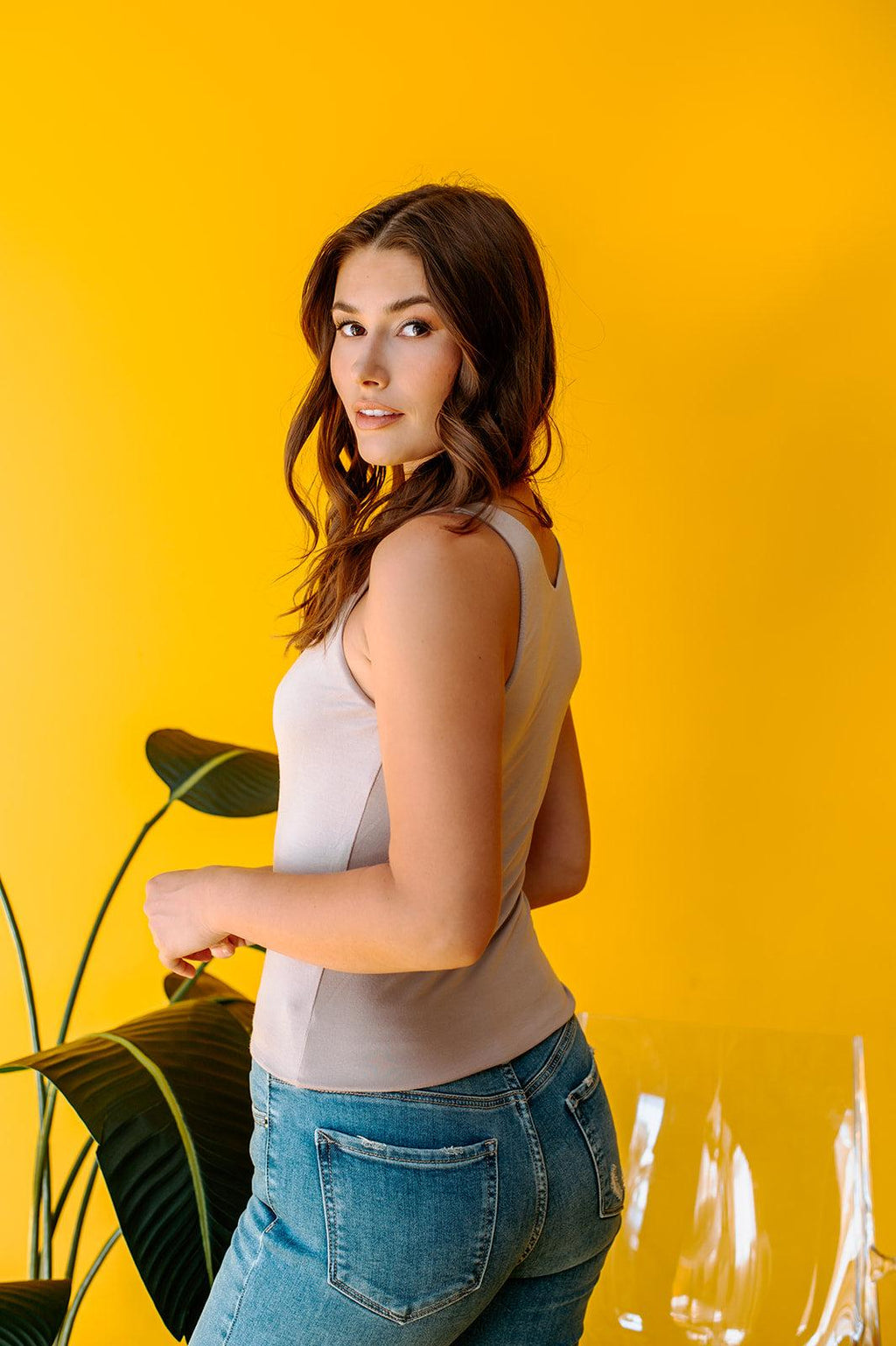 Jersey Double Lined V-Neck Cropped Tank-FINAL SALE - Khaki
