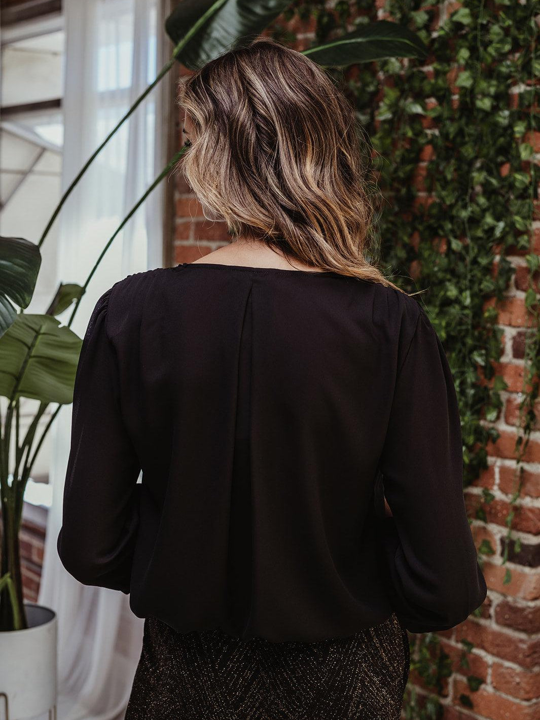 Black Leila Blouse with Shoulder Pads-FINAL SALE