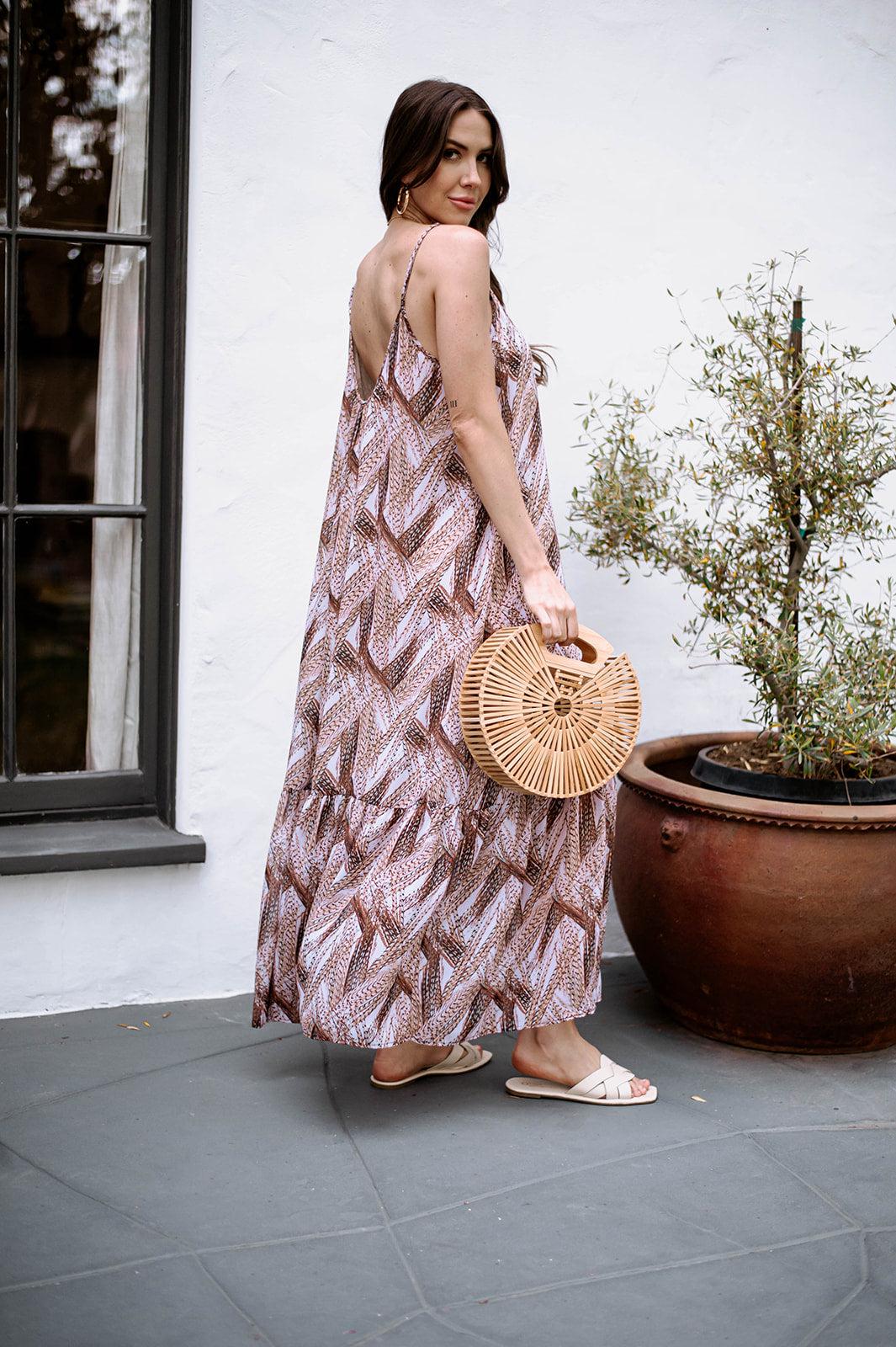 back side of sleeveless multicolored maxi dress on woman