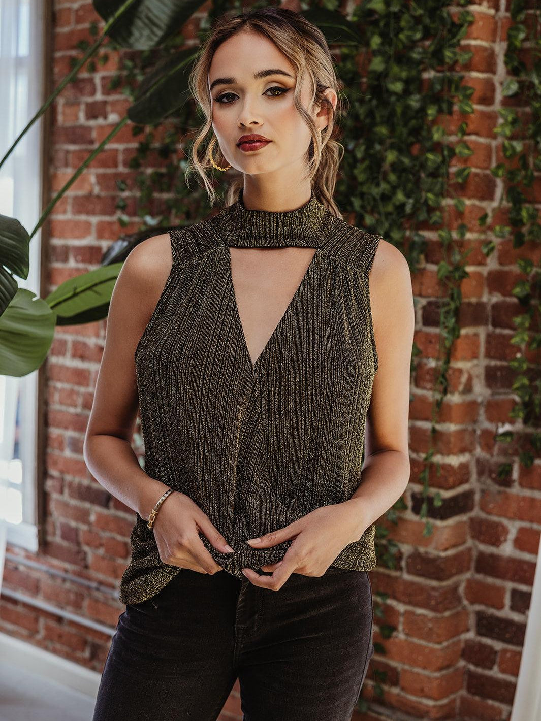 Gold Stripe Cut-Out Surplice Top- FINAL SALE