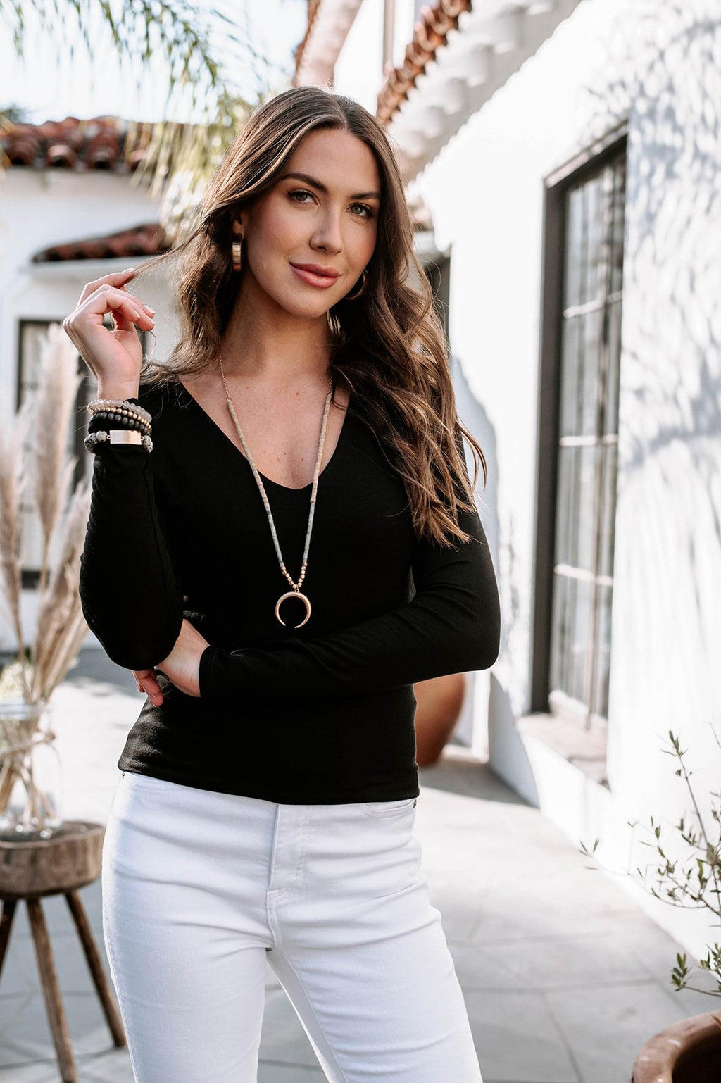 Jersey V-Neck Lined Top-Black-BEST SELLER