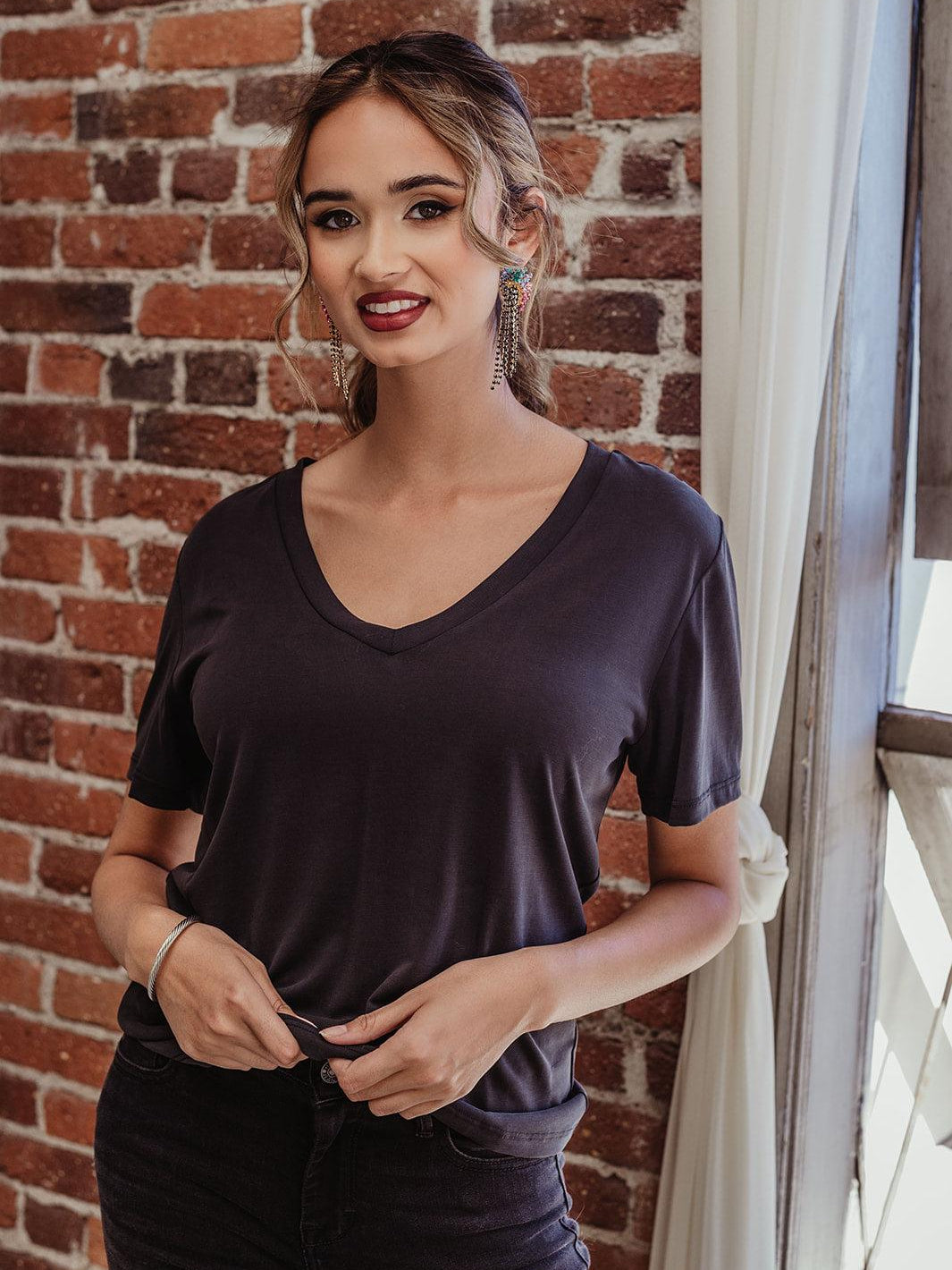 Black Cupro V-Neck Cropped Tee-FINAL SALE