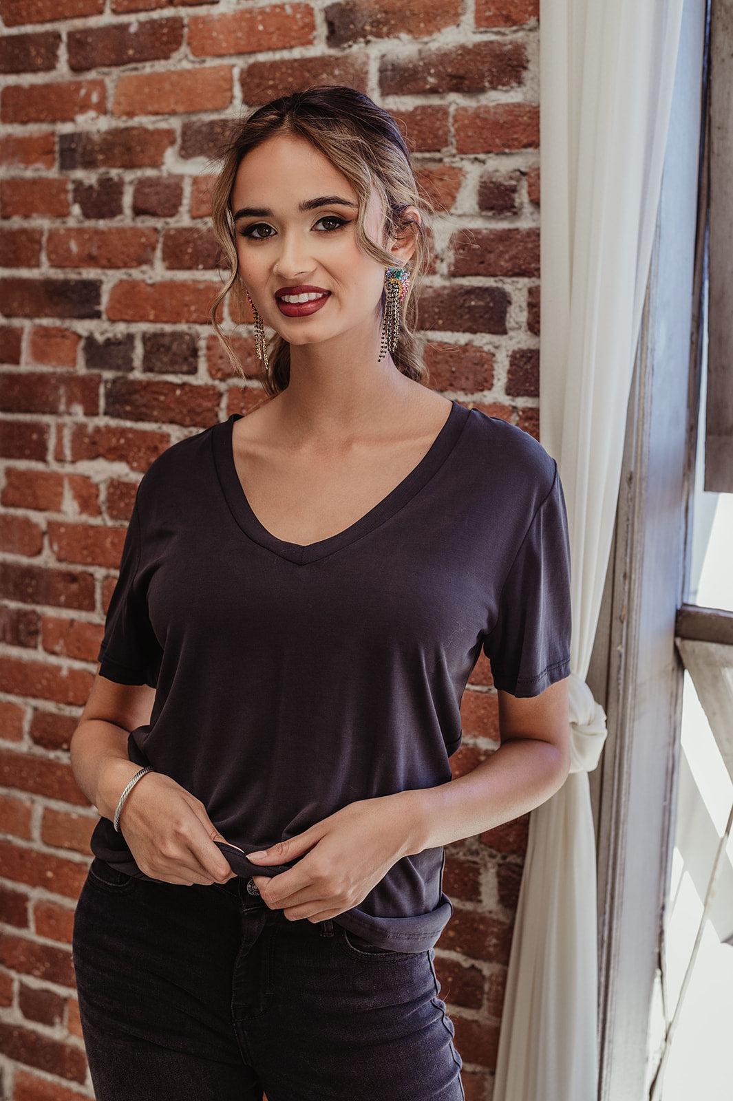 Black Cupro V-Neck Cropped Tee-FINAL SALE
