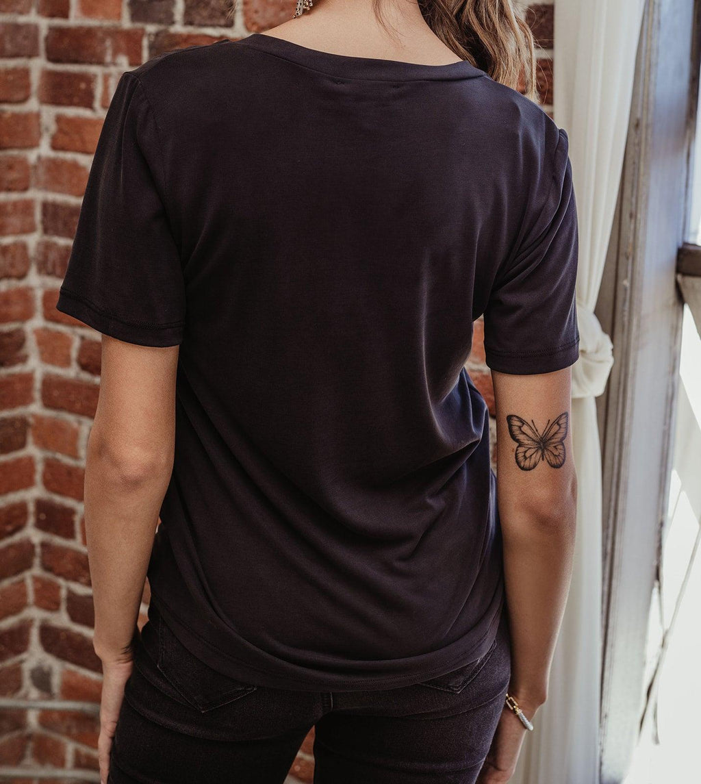 Black Cupro V-Neck Cropped Tee-FINAL SALE