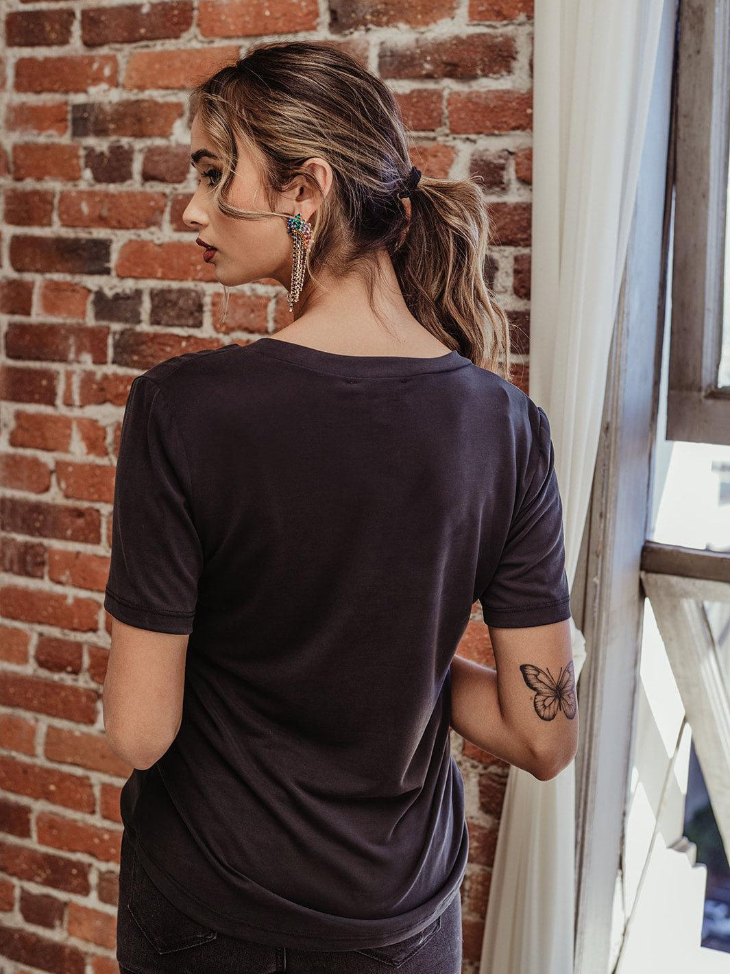 Black Cupro V-Neck Cropped Tee-FINAL SALE