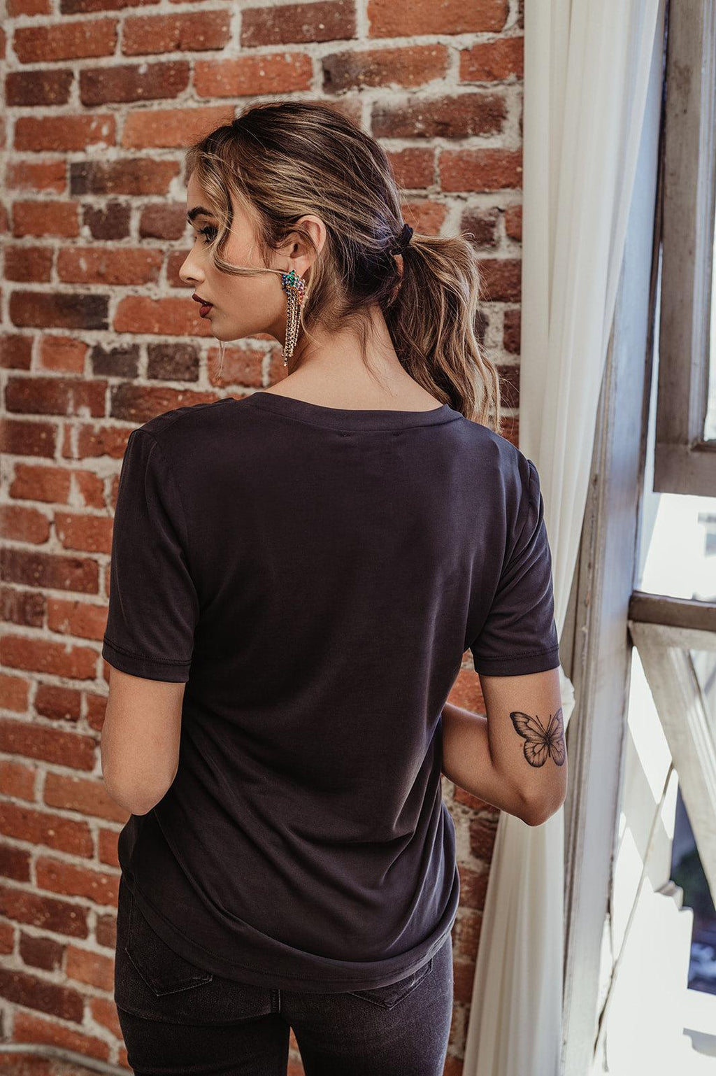 Black Cupro V-Neck Cropped Tee-FINAL SALE