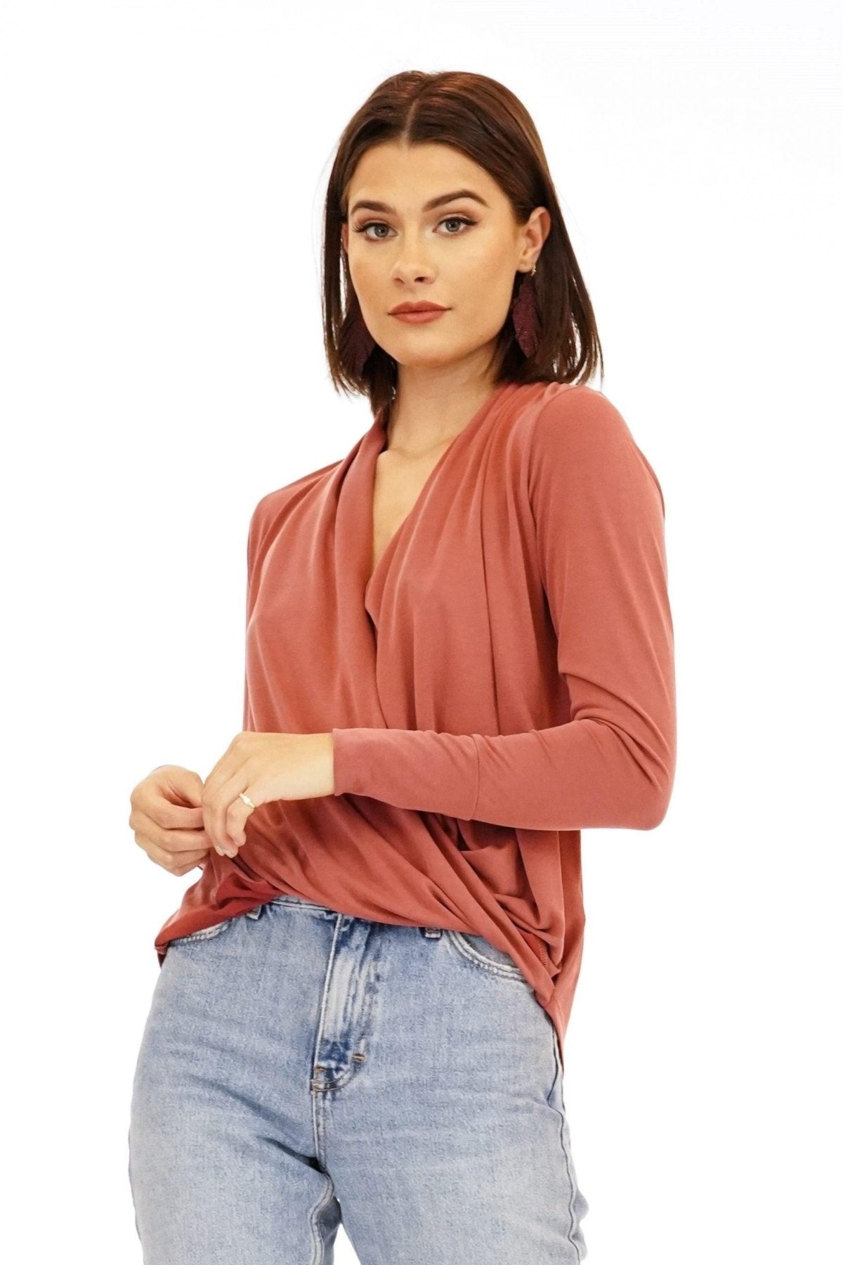 Marsala Cupro Draped Surplice Top-BEST SELLER