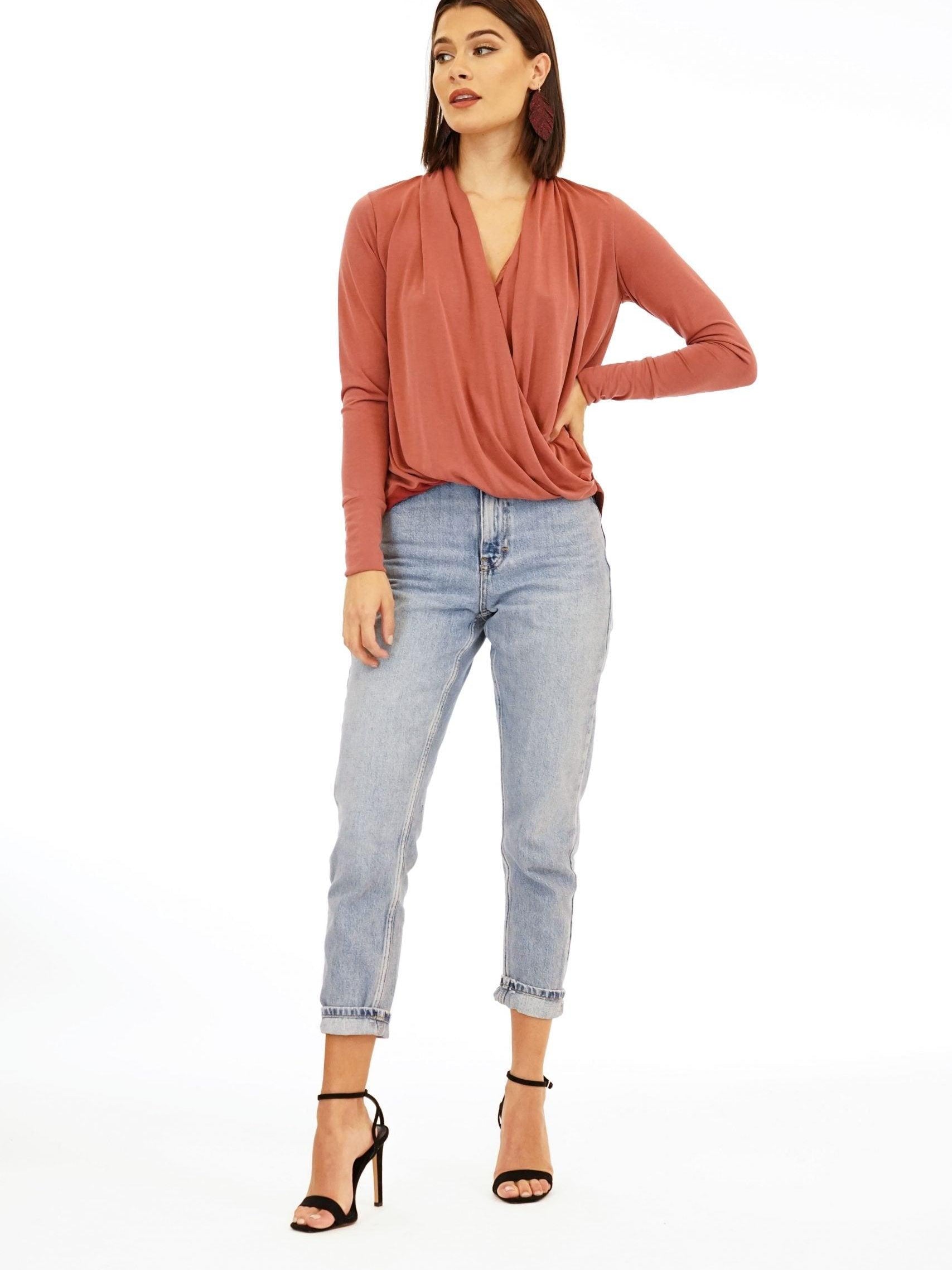 Marsala Cupro Draped Surplice Top-BEST SELLER