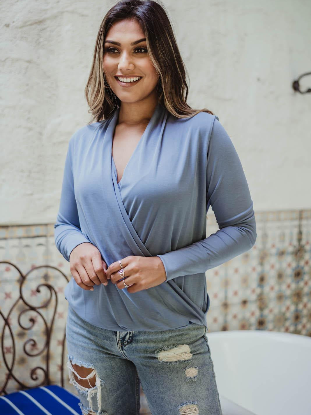 Light Denim Draped Surplice Top-FINAL SALE