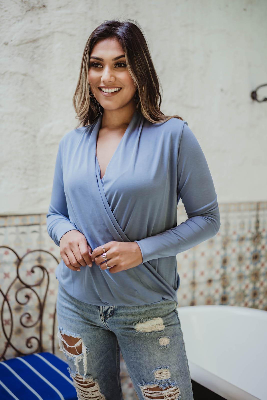 Light Denim Draped Surplice Top - FINAL SALE