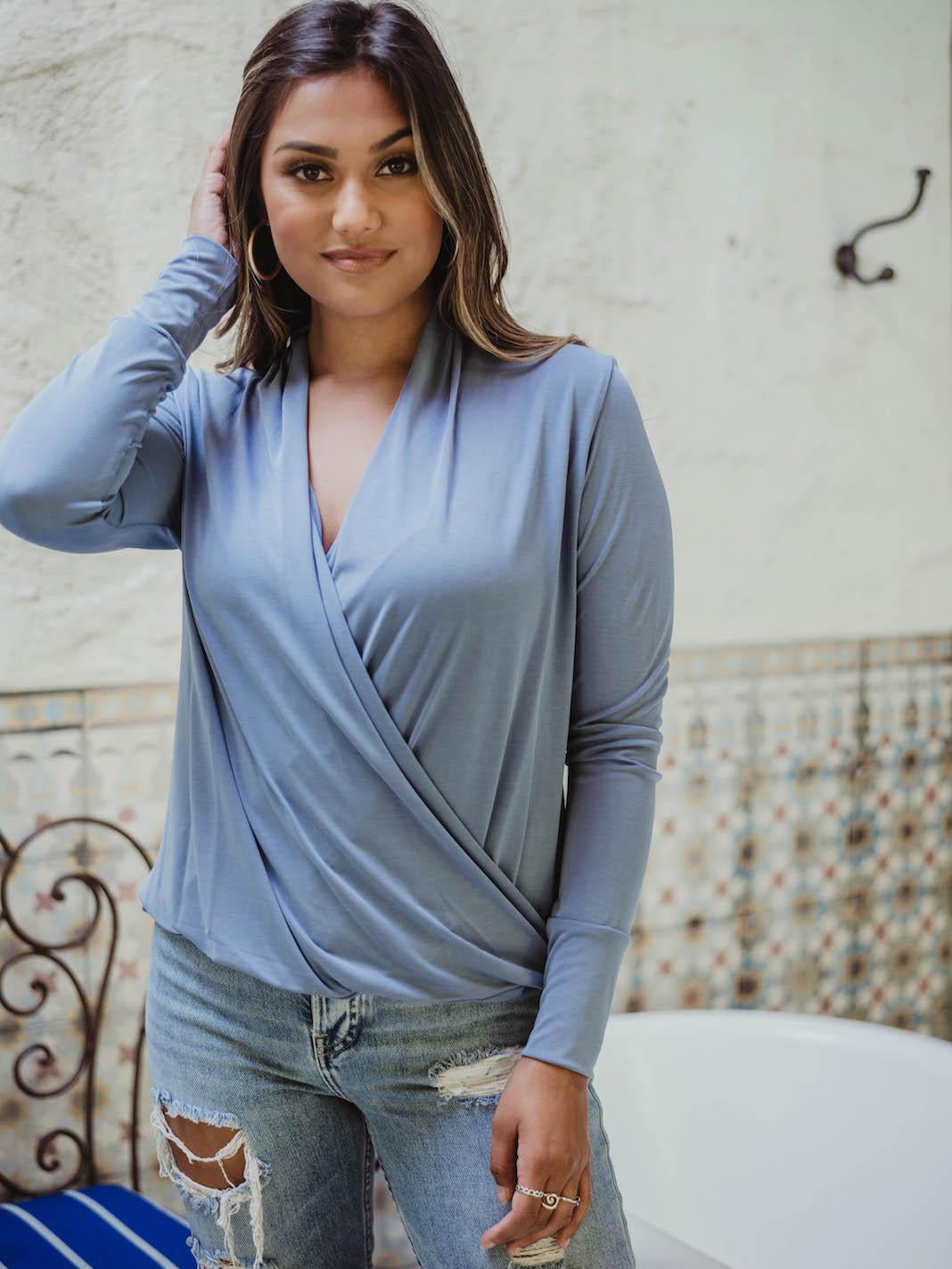 Light Denim Draped Surplice Top-FINAL SALE