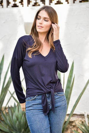 Long Sleeve Top with Tie - Navy - FINAL SALE