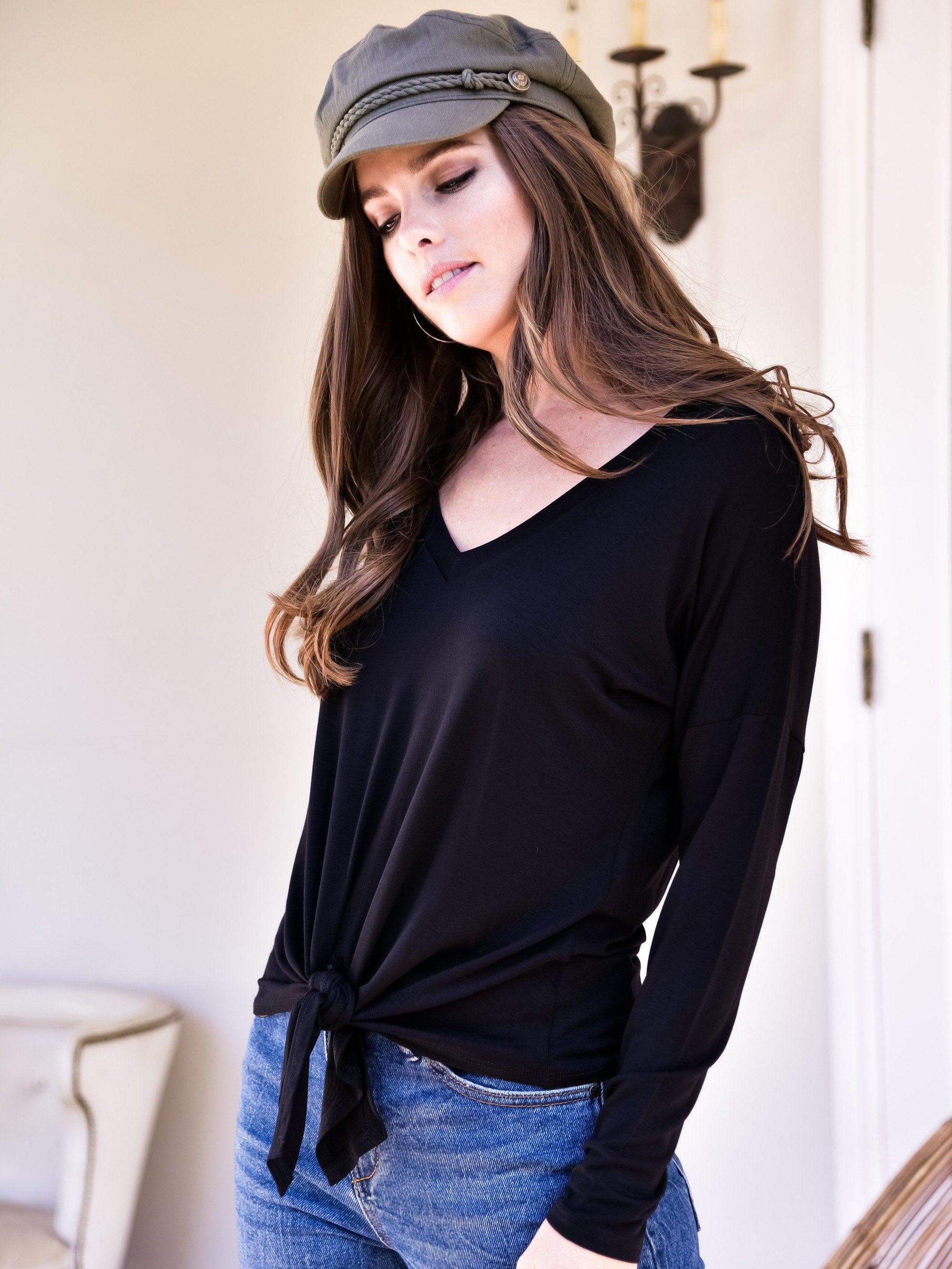 Black Long Sleeve Top with Tie-Final Sale