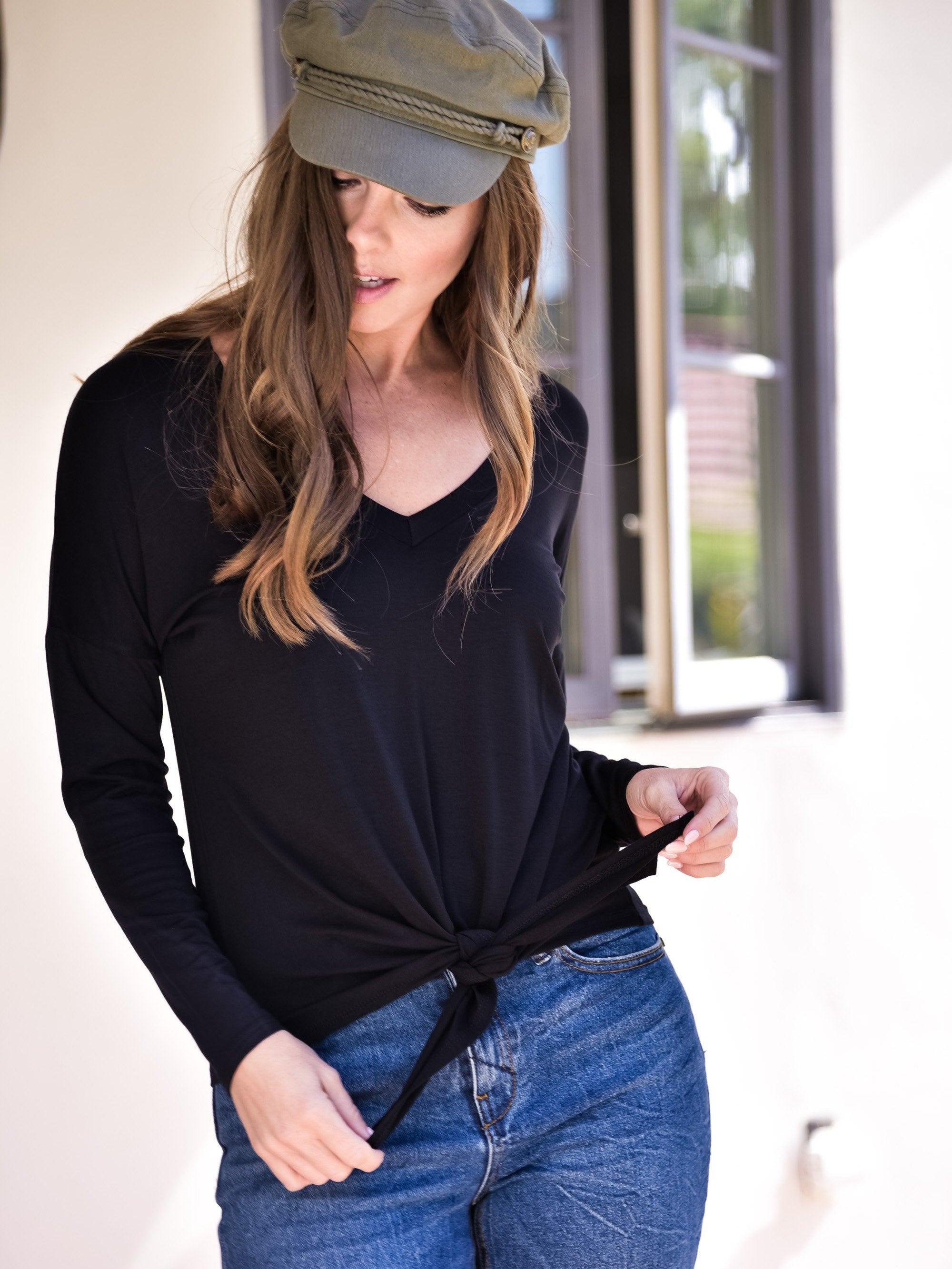 Black Long Sleeve Top with Tie-Final Sale