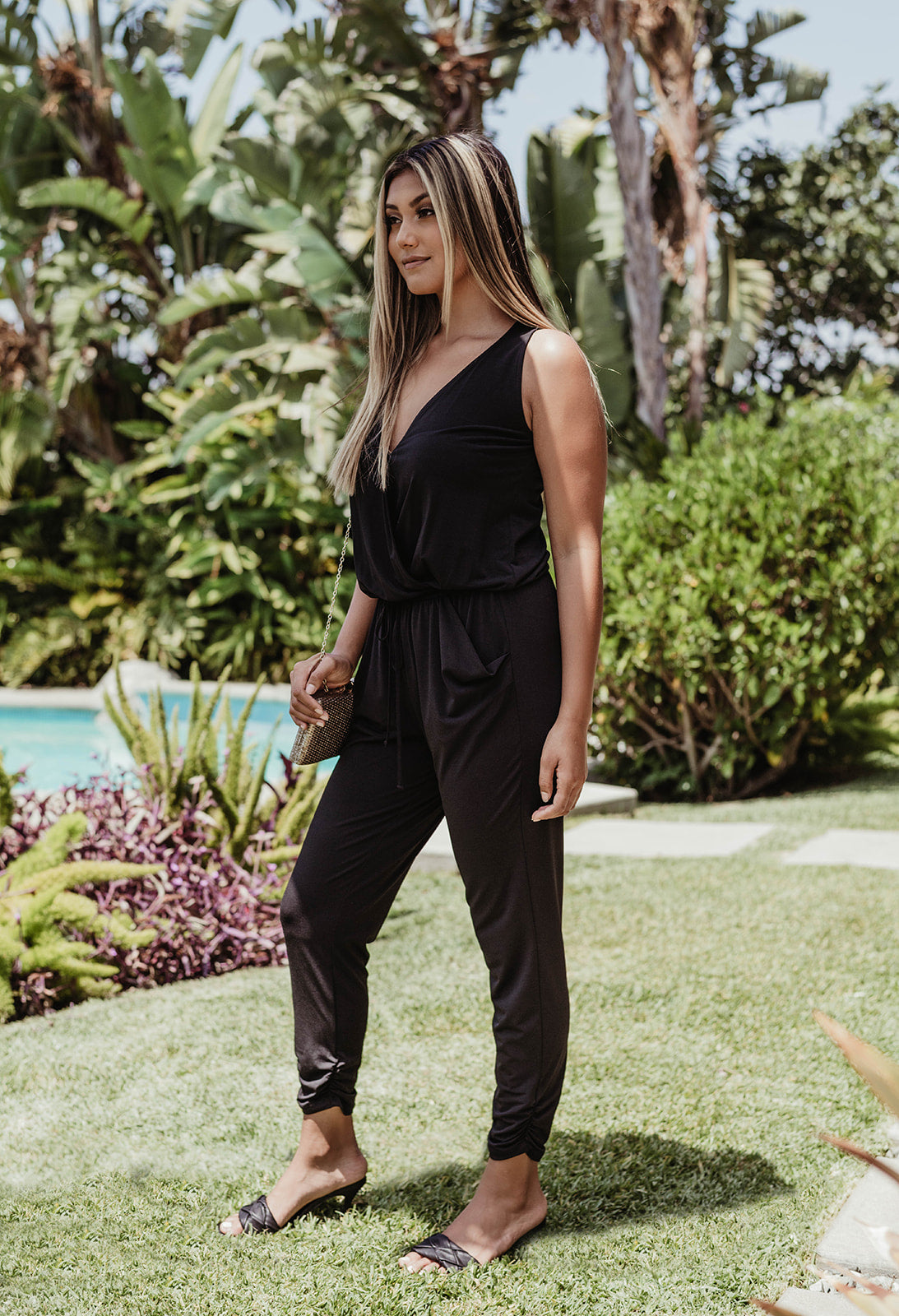 Black Shirred Ankle Stretch Jumpsuit-BEST SELLER